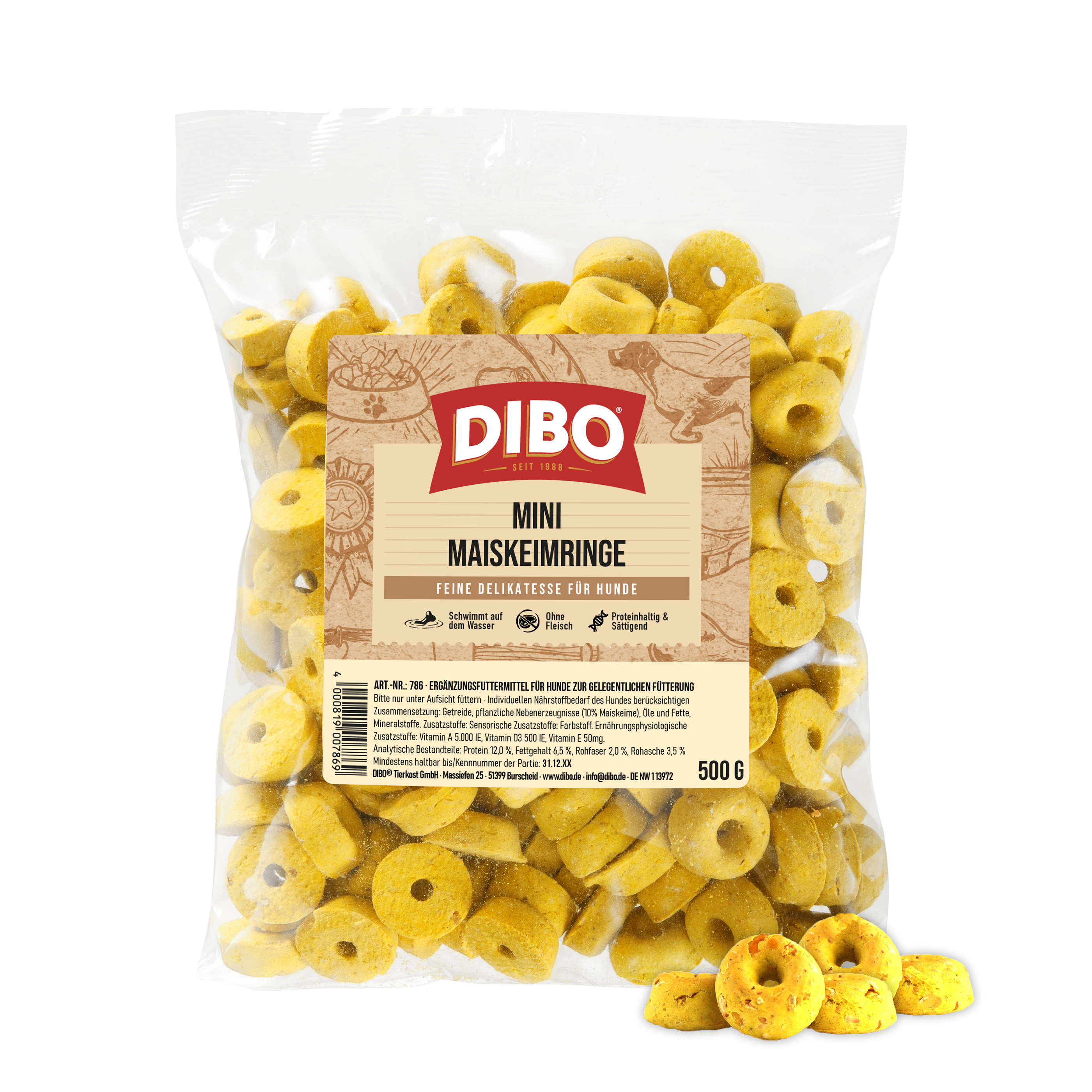 DIBO Mini-Maiskeimringe, 500g-Beutel Packung Dibo Mini Maiskeimringe, gelbe runde Hundesnacks mit Loch in der Mitte, 500 g