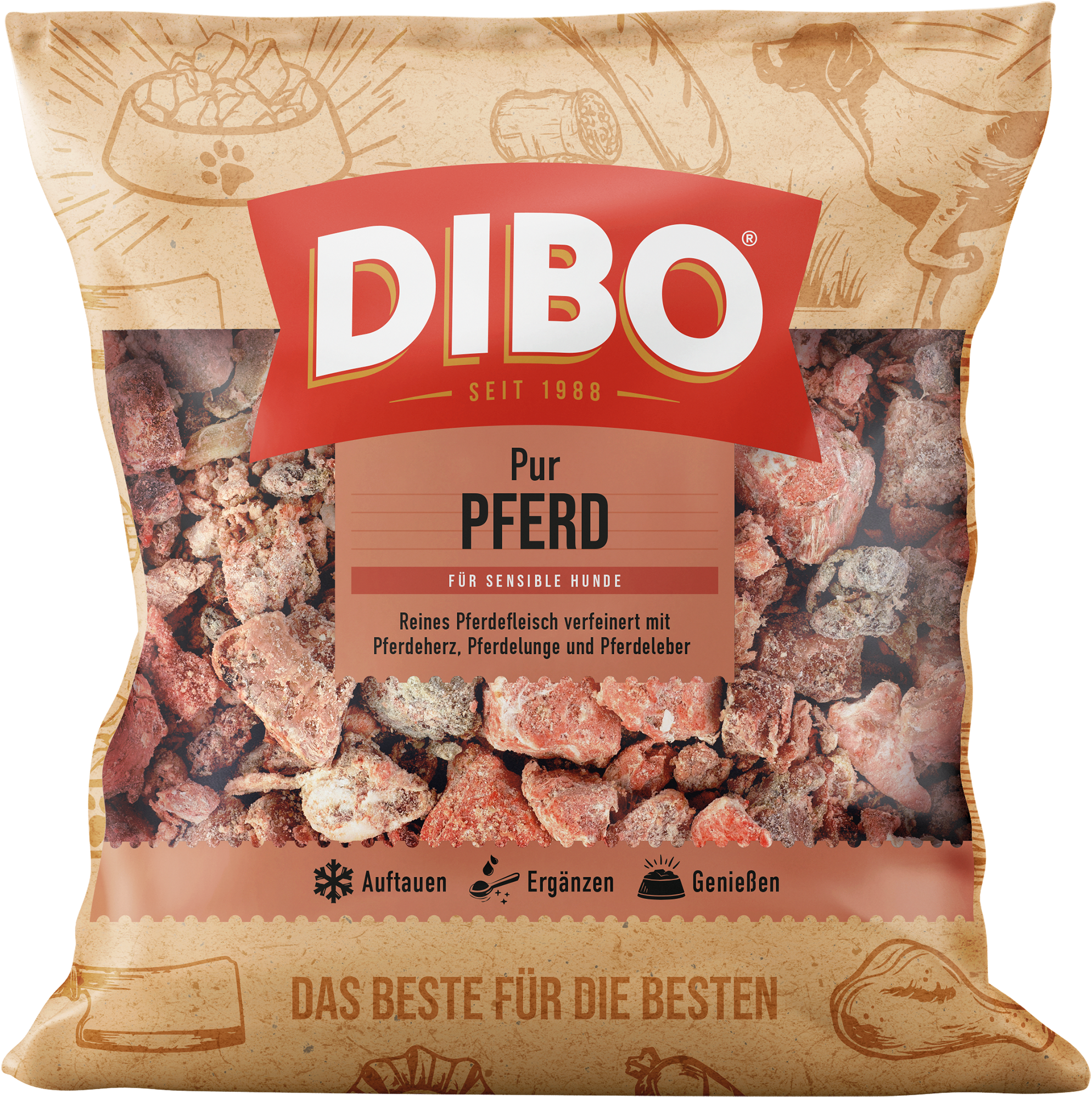 DIBO Pferdefleisch - B.A.R.F.-Frostfutter für Hunde DIBO Pur Produkt mit Pferd
