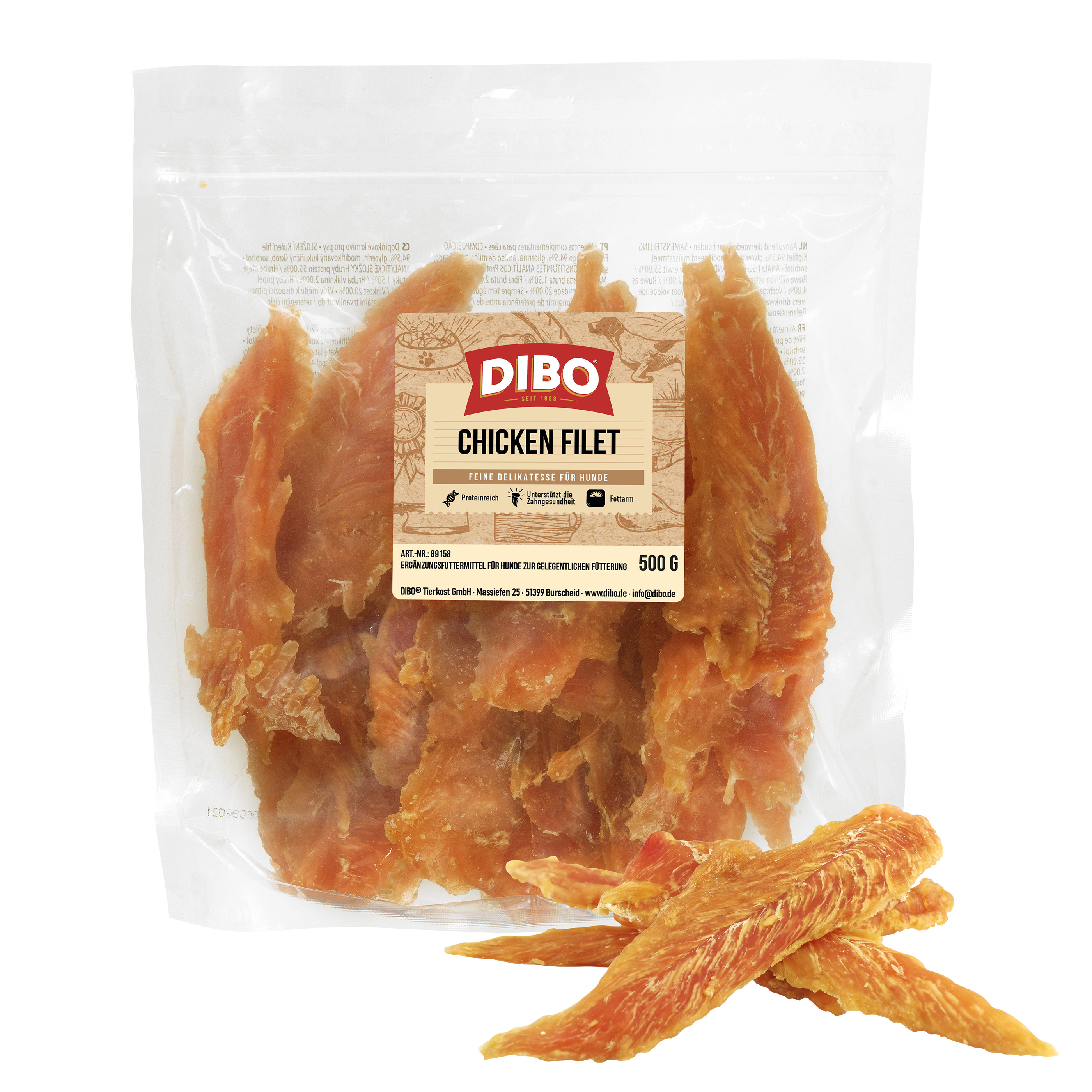 DIBO Chicken Filet, 500g-Beutel Verpackung mit Dibo Chicken Filet Hundesnacks, getrocknete Hähnchenfilets sichtbar