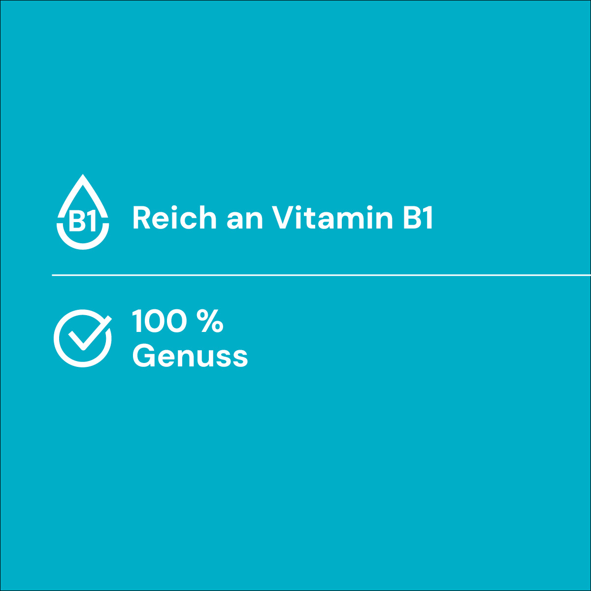 Nutriment Compact ENTE Symbol für Vitamin B1 und Text "Reich an Vitamin B1" sowie Häkchen mit Text "100 % Genuss" auf blauem Hintergrund