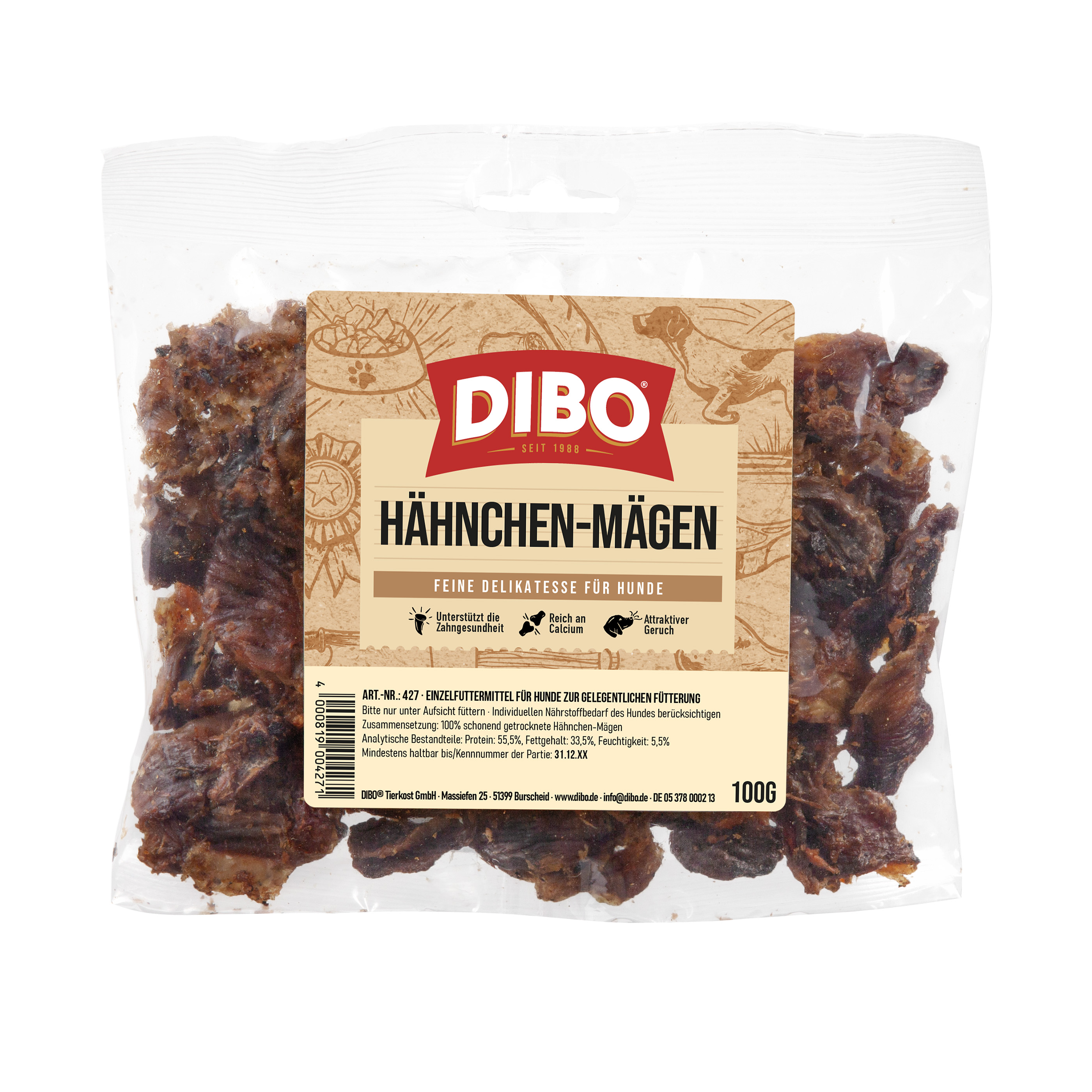 DIBO Hähnchen-Mägen, 100g-Beutel DIBO Hähnchen-Mägen Hundesnack in transparenter Verpackung mit braunem Etikett und Produktinformationen