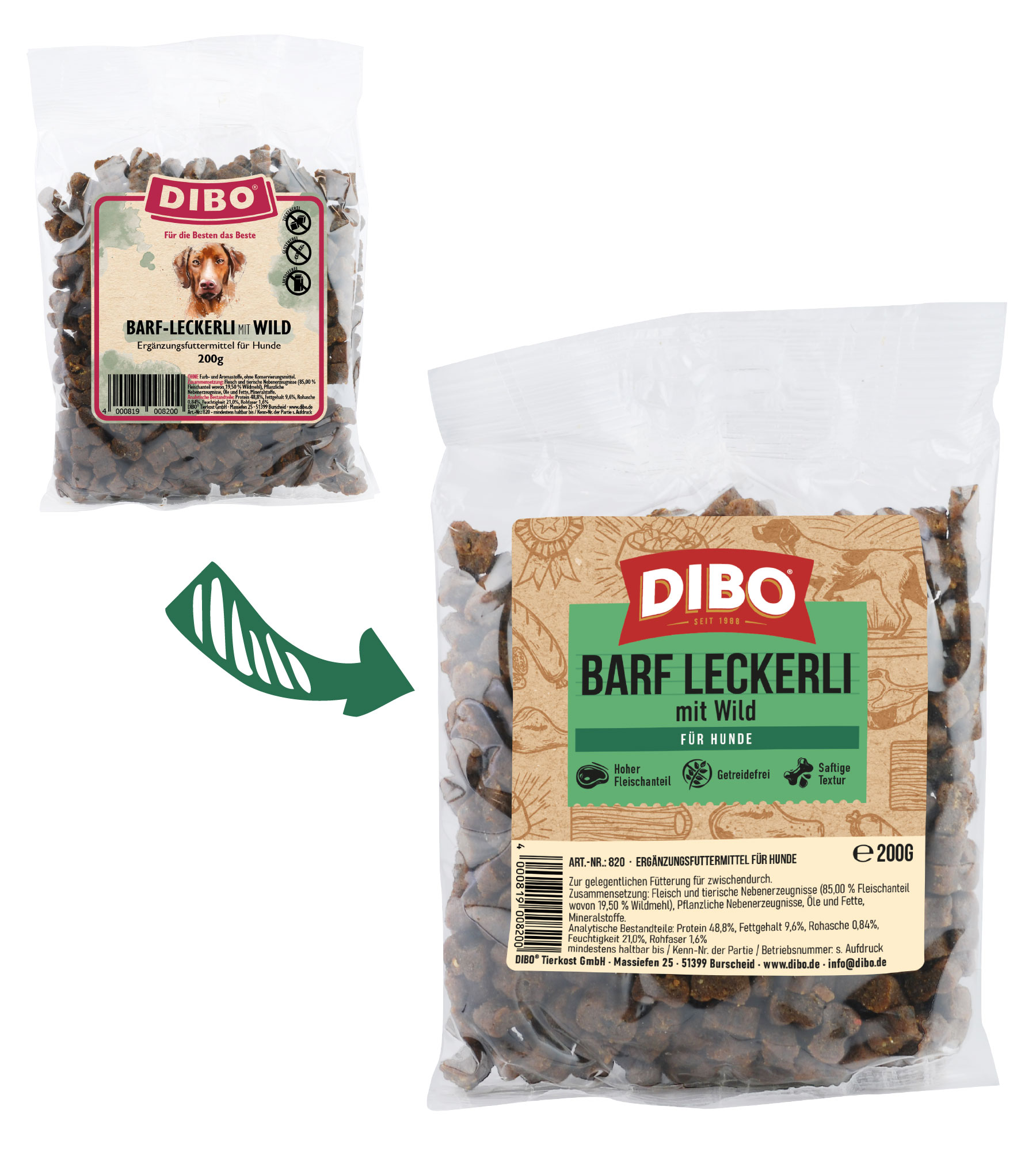 DIBO BARF-Leckerli Wild, 200g-Beutel DIBO BARF-Leckerli mit Wild, Ergänzungsfuttermittel für Hunde, 200g, in transparenter Verpackung mit Hundebild