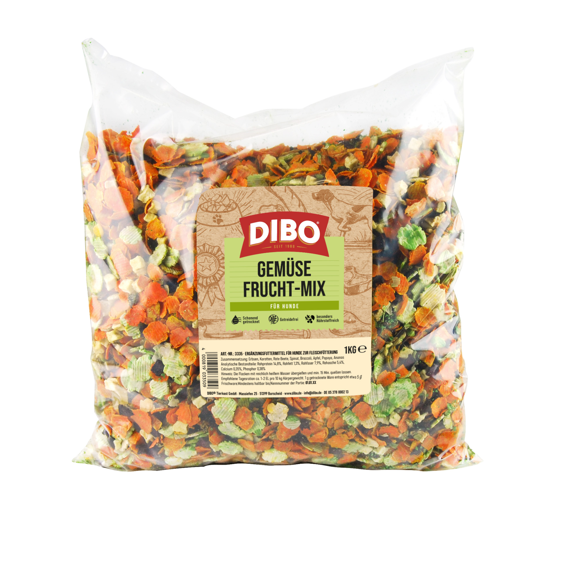 DIBO Gemüse-Frucht-Mix, 1kg-Beutel DIBO Gemüse Frucht-Mix für Hunde, 1 kg, in transparenter Verpackung mit buntem getrocknetem Gemüse und Früchten