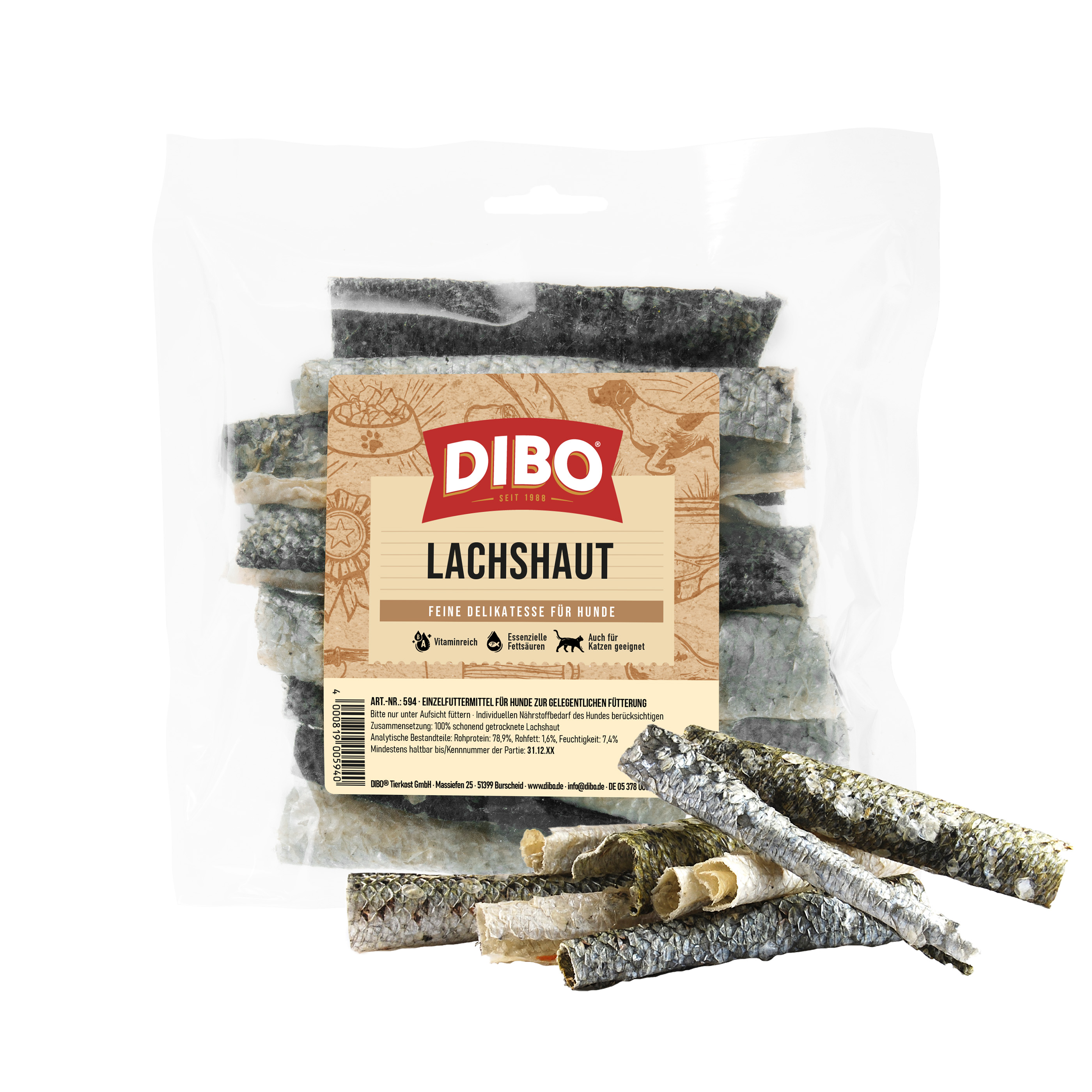DIBO Lachshaut, 50g-Beutel Verpackung von Dibo Lachshaut, getrocknete Lachshaut-Streifen als Hundesnack, teilweise aus der Verpackung heraus