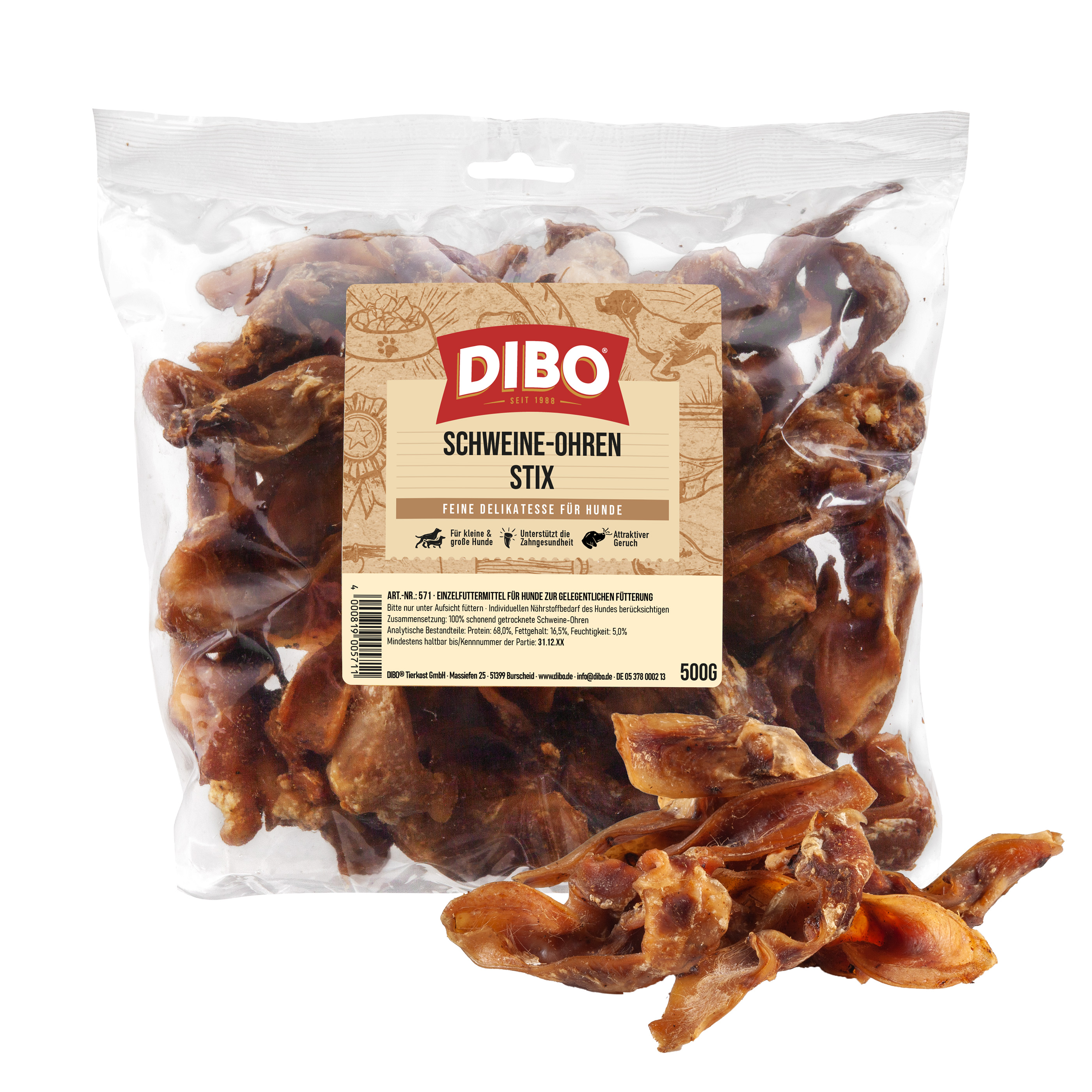 DIBO Schweine-Ohren-Stix, 500g-Beutel