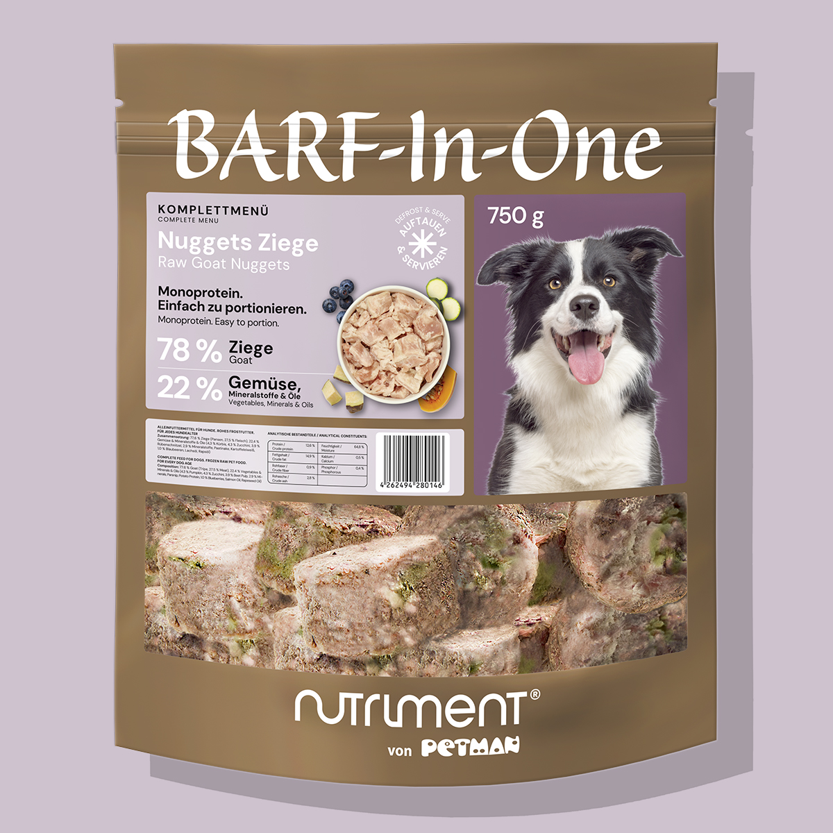 Nutriment BARF In One WEIGHT CONTROL Verpackung von BARF-In-One Nuggets Ziege, 750 g, mit Bild eines Hundes und Zutatenangaben