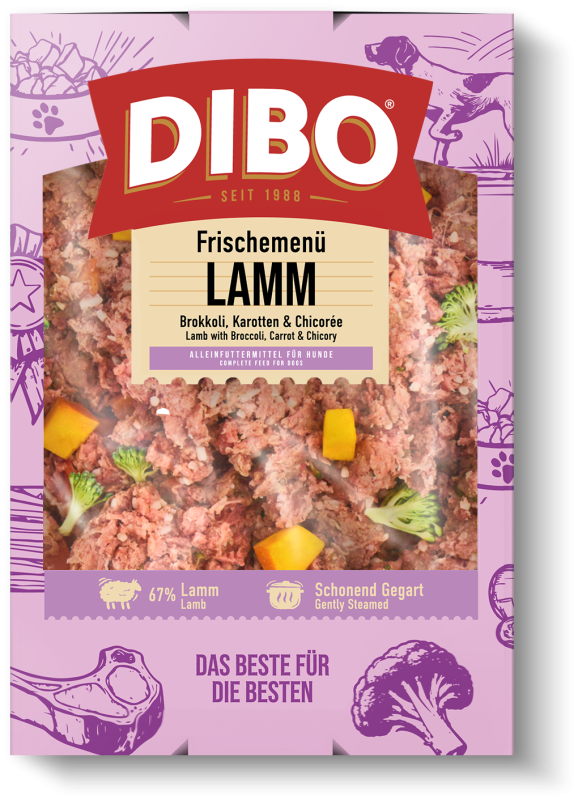 DIBO Fresh Block Lamm DIBO Frischemenü Lamm mit Brokkoli, Karotten und Chicorée, 67% Lamm, schonend gegart, Hundefutterverpackung