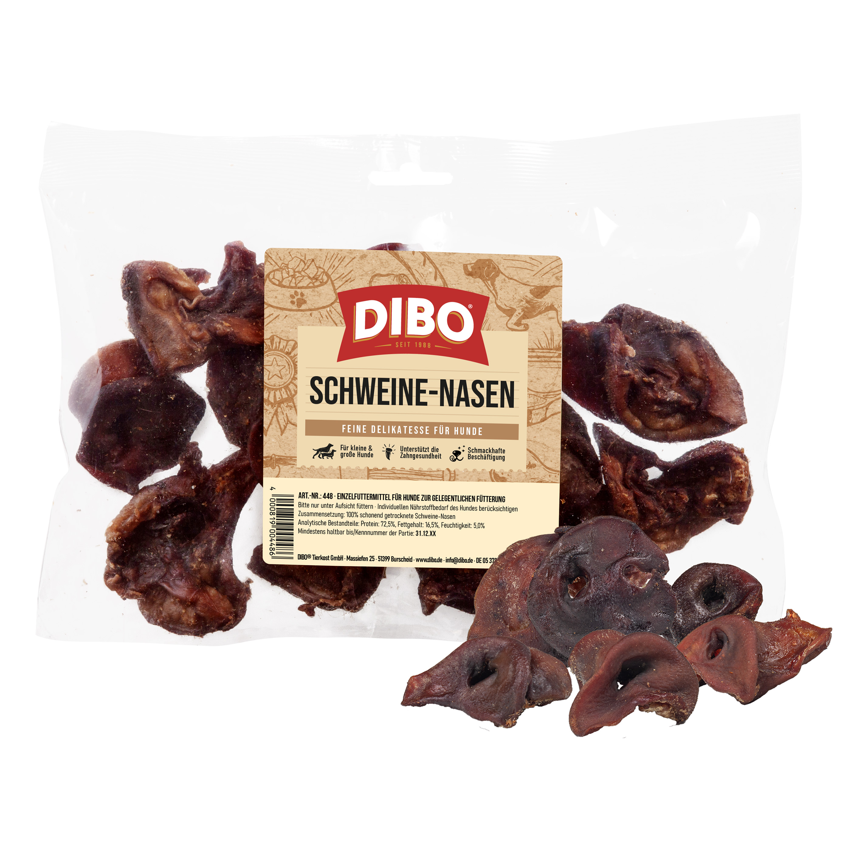 DIBO Schweine-Nasen, 250g-Beutel DIBO Schweine-Nasen Hundesnack in transparenter Verpackung mit getrockneten Schweinenasen