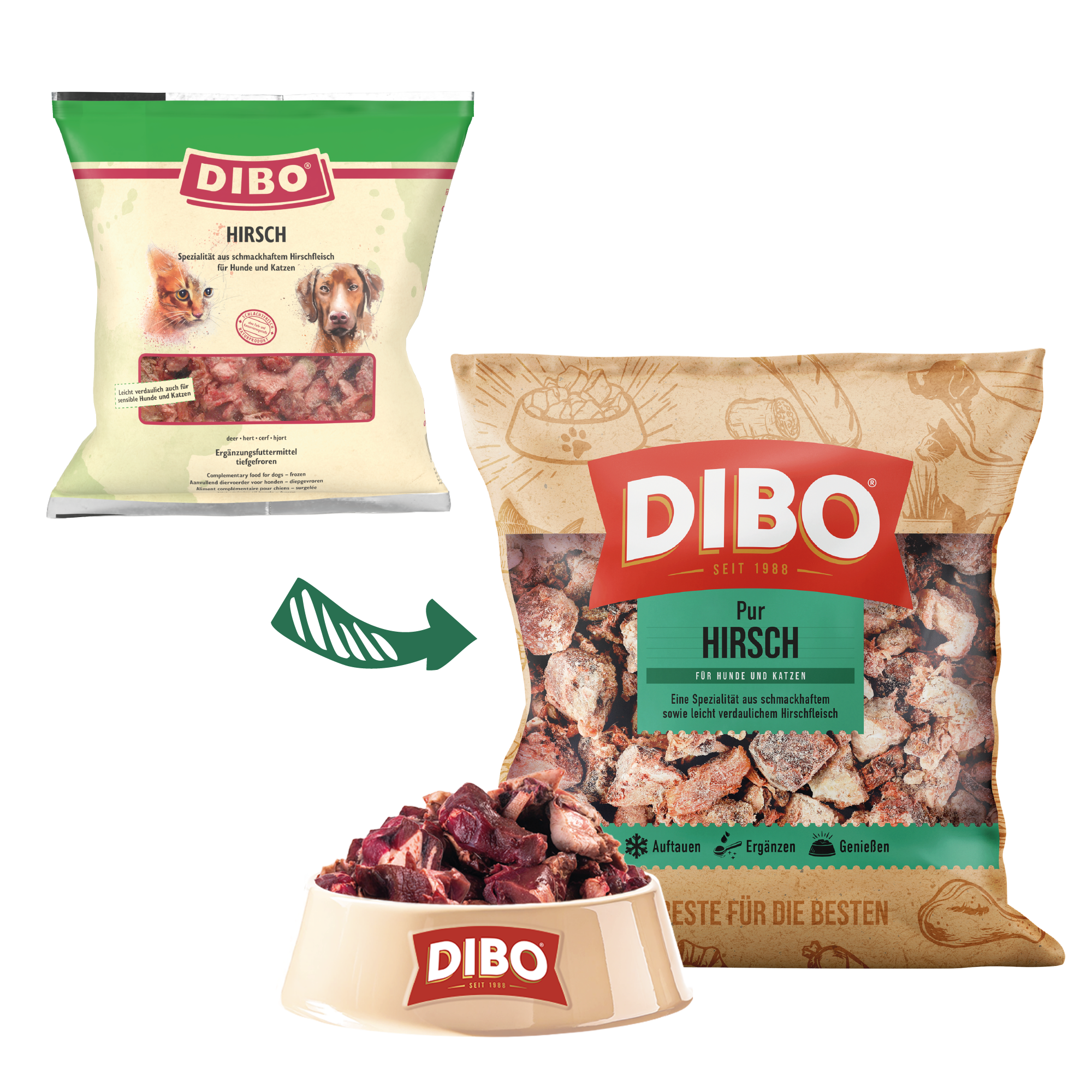 DIBO Hirsch - B.A.R.F.-Frostfutter für Hunde und Katzen Dibo Hirsch Hunde- und Katzenfutter in Verpackungen und in einem Napf, mit Hirschfleisch als Zutat.