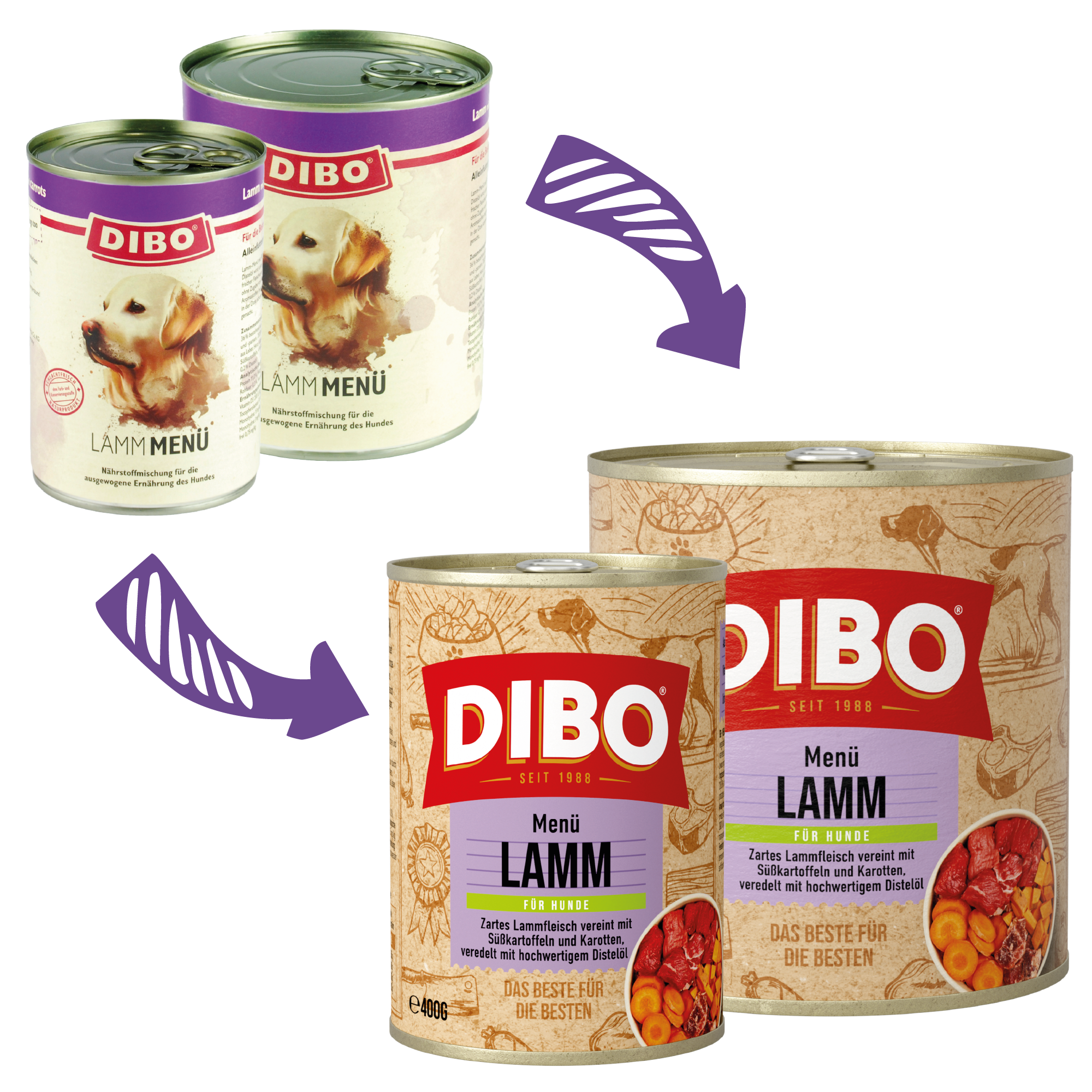 DIBO - LAMM MENÜ, 400g-Dose Dibo Hundefutter Dosen mit Lamm Menü, zwei verschiedene Designs, mit Bildern von Hunden und Zutaten.