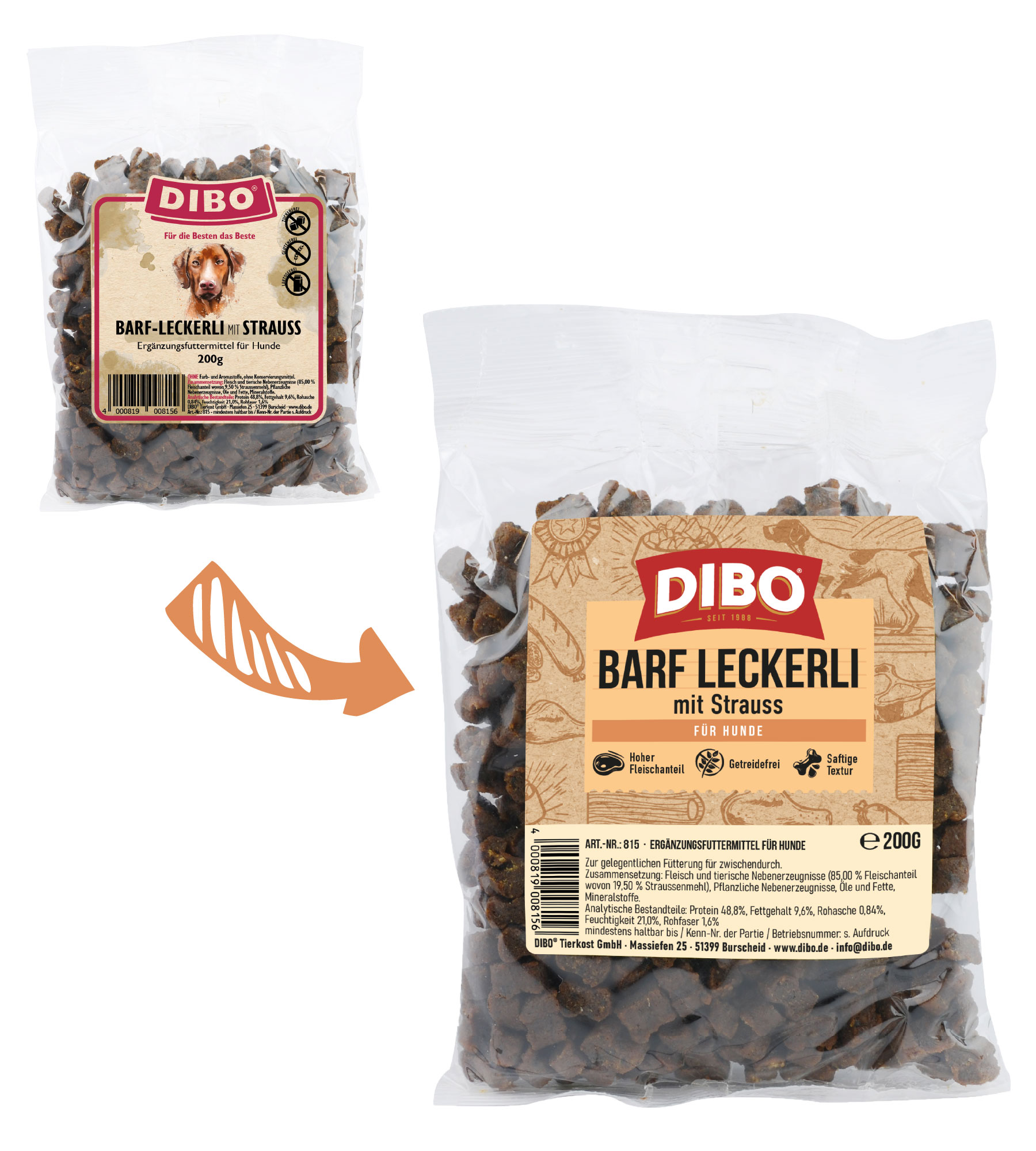 DIBO BARF-Leckerli Strauß, 200g-Beutel DIBO BARF-Leckerli mit Strauß, 200g Hundesnack in transparenter Verpackung mit braunem Etikett