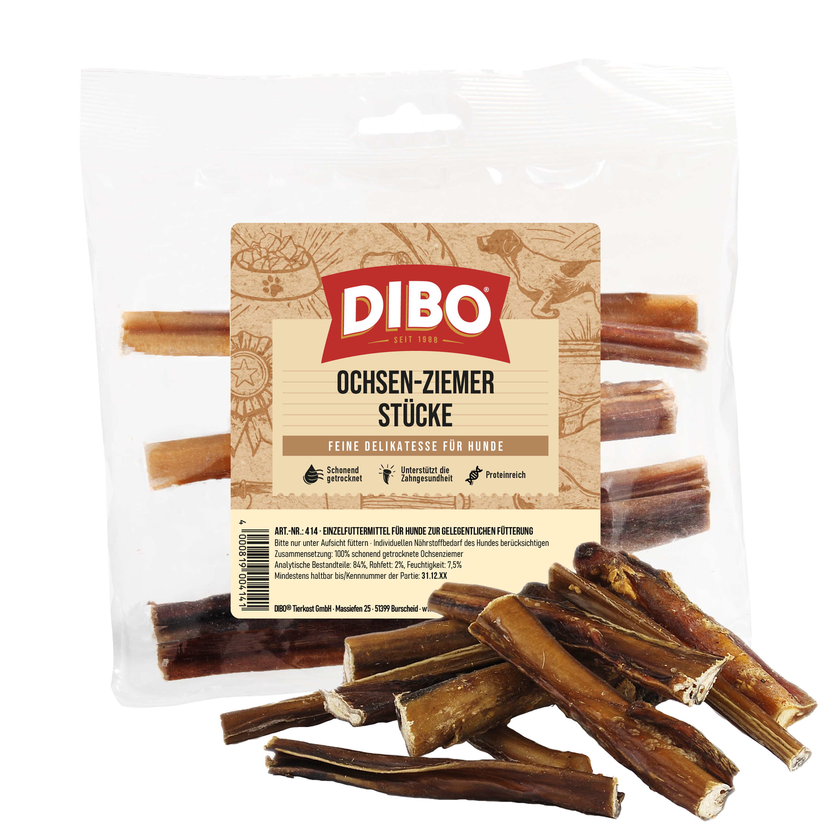 DIBO Ochsen-Ziemer, 12cm Stücke - 4 Stück-Beutel Packung DIBO Ochsen-Ziemer Stücke Hundesnack mit getrockneten Rindersehnen als Leckerli