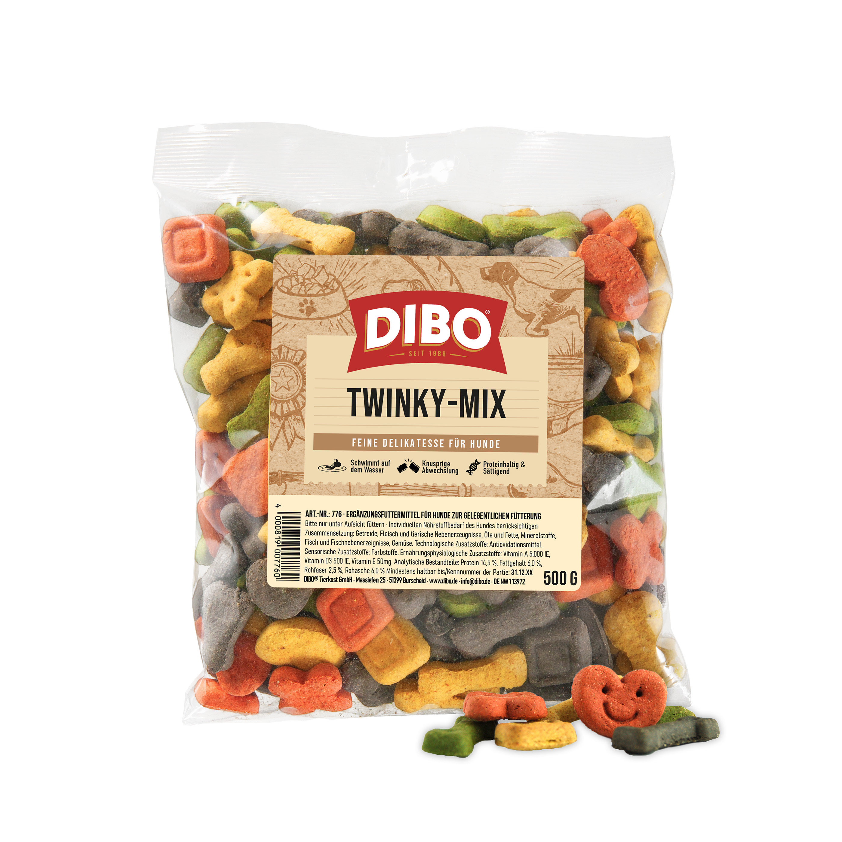 DIBO Twinky-Mix, 10kg-Karton DIBO Twinky-Mix bunte Hundesnacks in Knochen- und Smile-Form in einer transparenten Verpackung