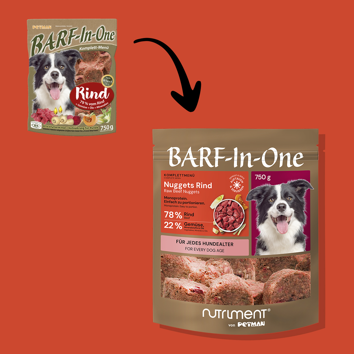 Nutriment BARF In One RIND Vergleich altes und neues Verpackungsdesign von BARF-In-One Rind Hundefutter mit Hundebild und rotem Hintergrund