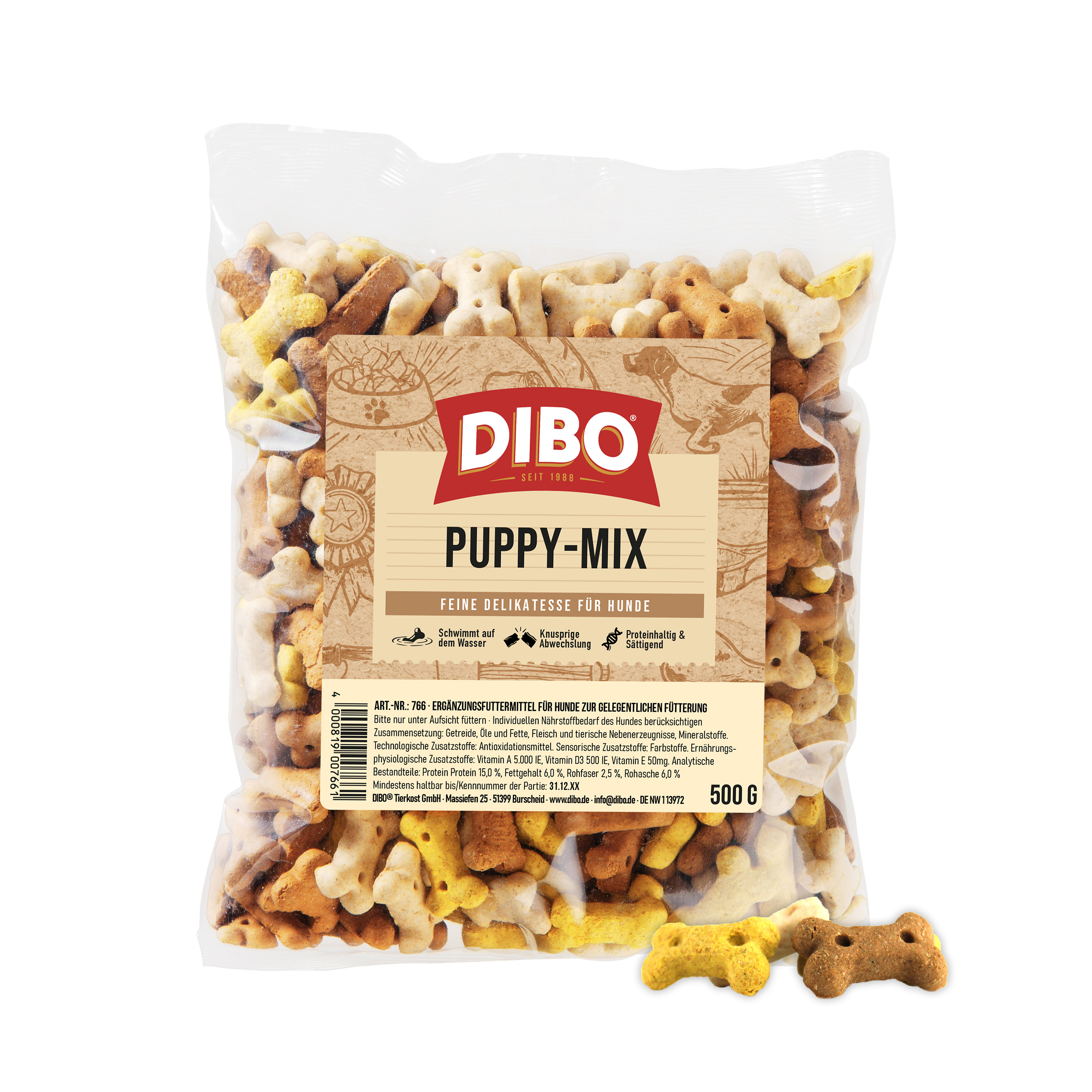 DIBO Puppy-Mix, 500g-Beutel Packung Dibo Puppy-Mix Hundekekse in Knochenform in verschiedenen Farben, 500 g