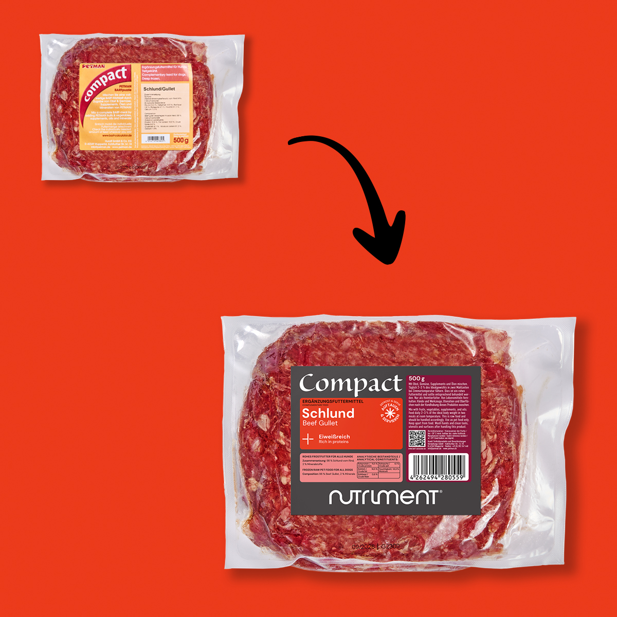Nutriment Compact SCHLUND Vorher-nachher Vergleich der Verpackung von Nutriment Compact Schlund Hundefutter auf rotem Hintergrund