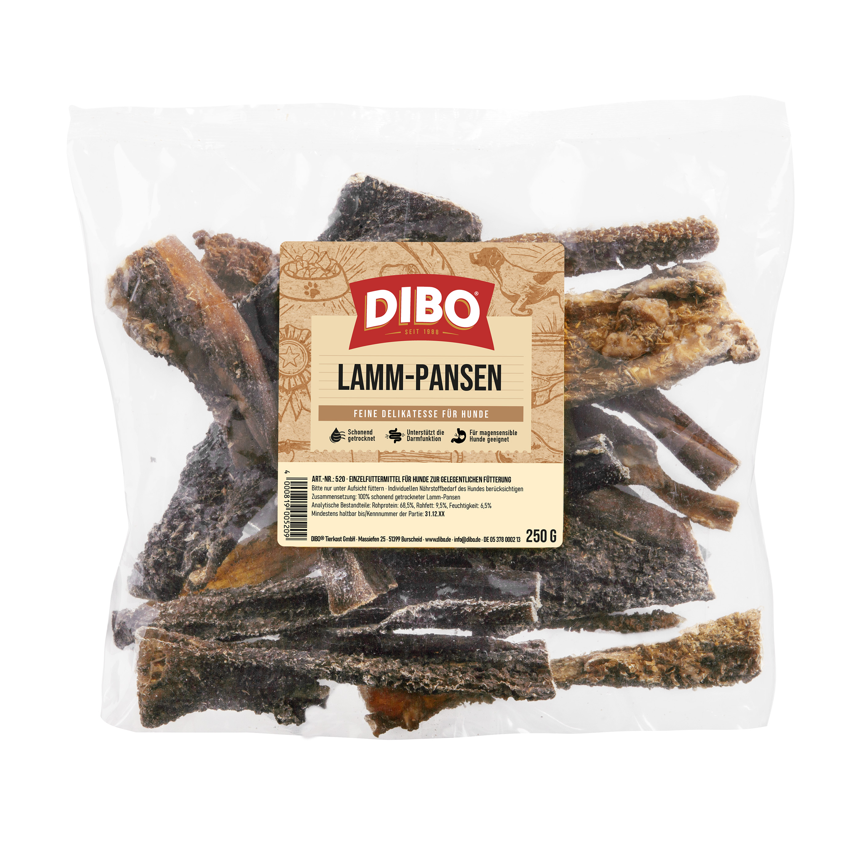DIBO Lamm-Pansen, 250g-Beutel DIBO Lamm-Pansen getrocknete Hundesnacks in transparenter Verpackung mit braunem Etikett