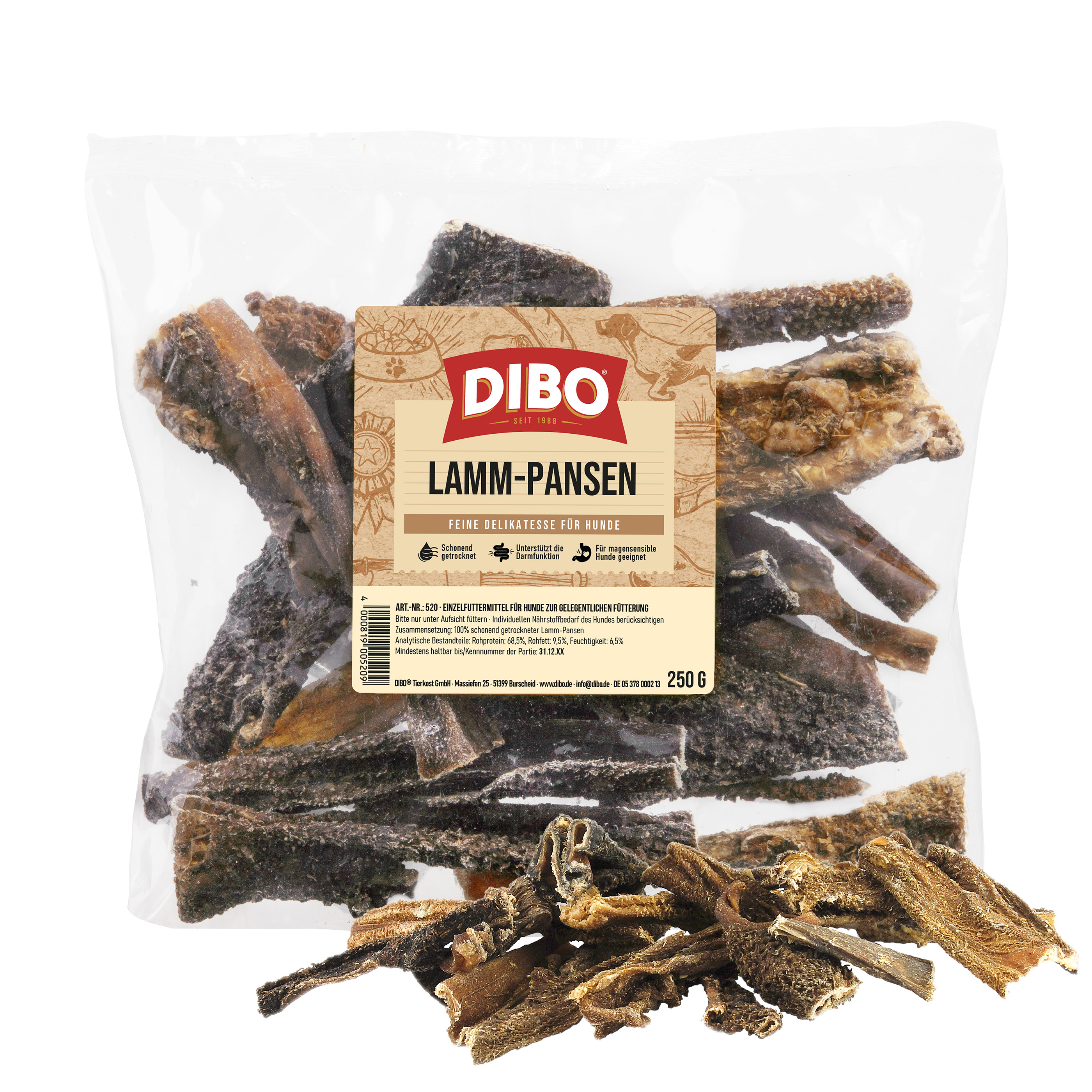 DIBO Lamm-Pansen, 250g-Beutel DIBO Lamm-Pansen 250g, schonend getrocknete Hundeleckerlis aus Lamm-Pansen in transparenter Verpackung