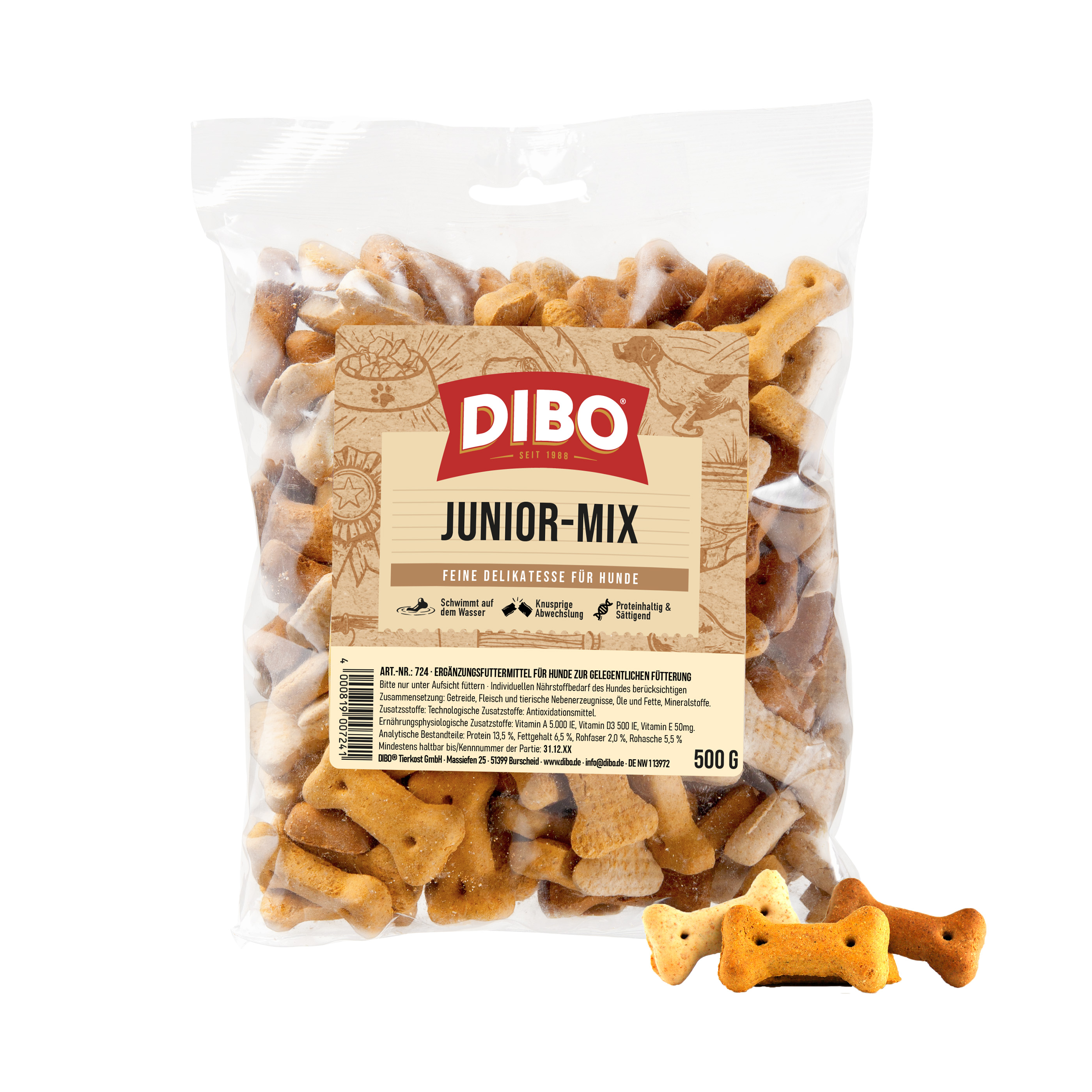 DIBO Junior-Mix, 500g-Beutel Dibo Junior-Mix Hundekekse in Knochenform in einer transparenten Verpackung mit braunem Etikett