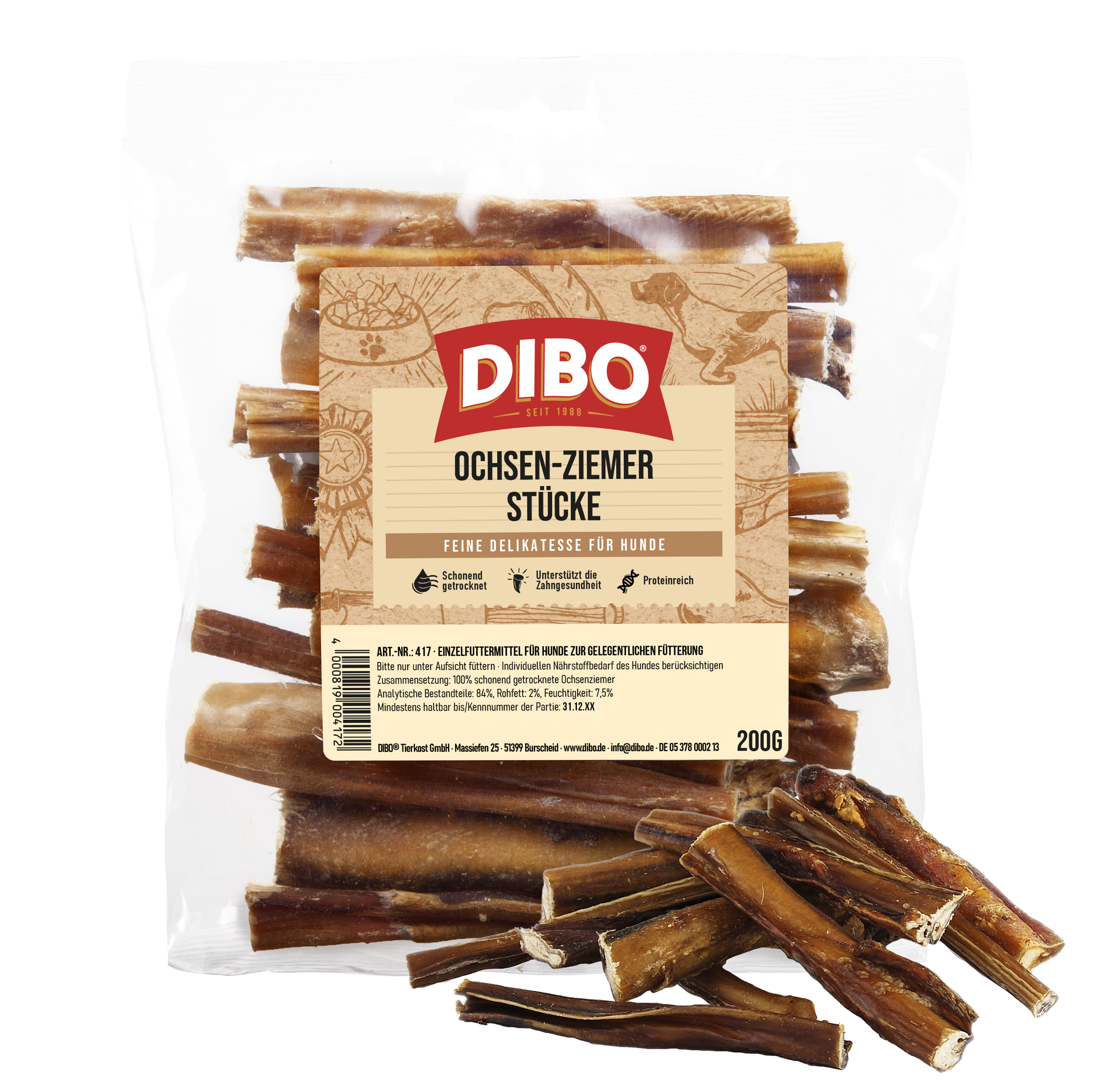 DIBO Ochsen-Ziemer, 12cm Stücke - 200g-Beutel