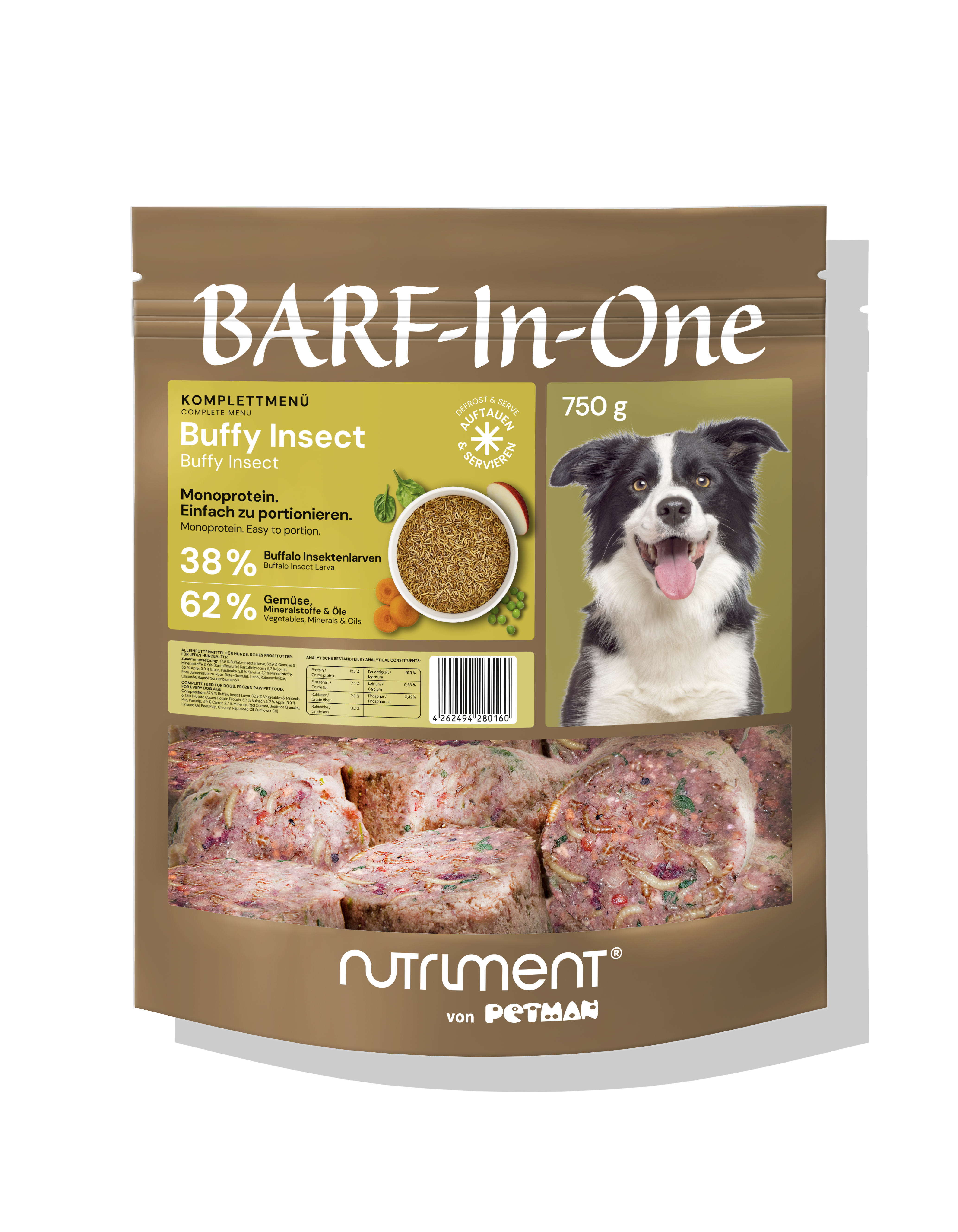 Nutriment BARF In One BUFFY Insect Braune Verpackung BARF-In-One Buffy Insect 750g Hundefutter mit Bild eines Hundes und Insektenlarven