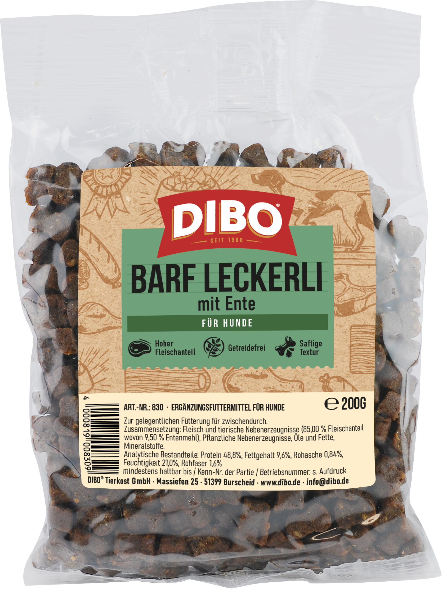 DIBO BARF-Leckerli Ente, 200g-Beutel DIBO BARF Leckerli mit Ente Hundeleckerlis in 200g Verpackung, hoher Fleischanteil, getreidefrei, saftige Textur