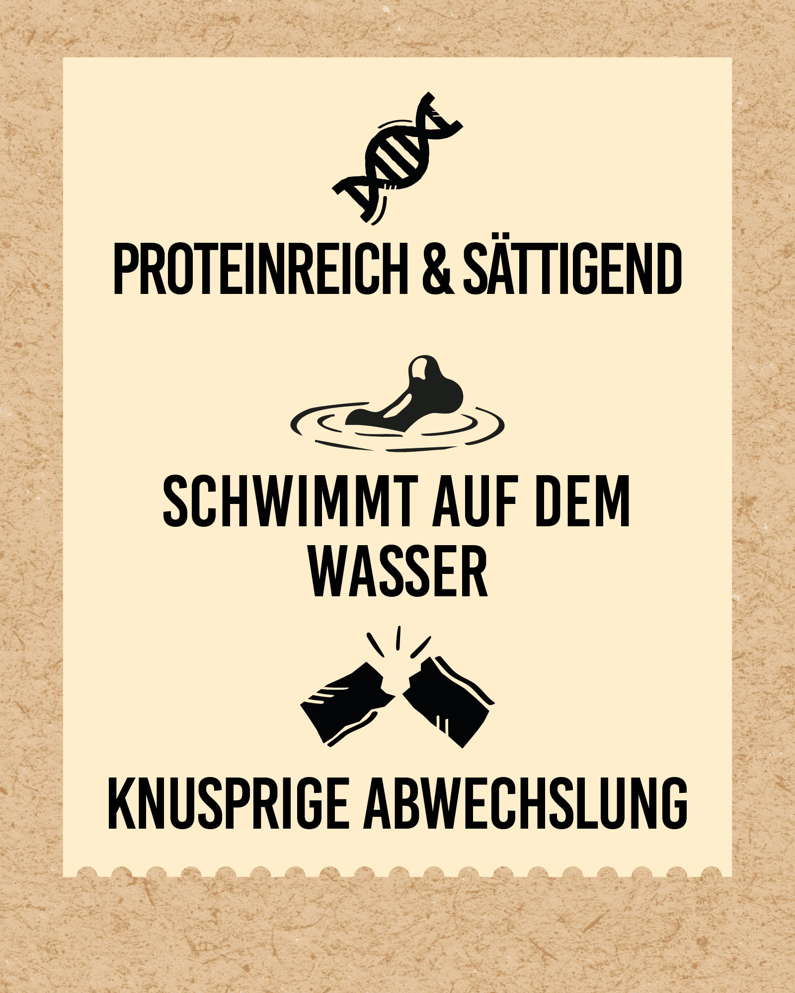 DIBO Twinky-Mix, 10kg-Karton Text mit Symbolen: proteinreich & sättigend, schwimmt auf dem Wasser, knusprige Abwechslung