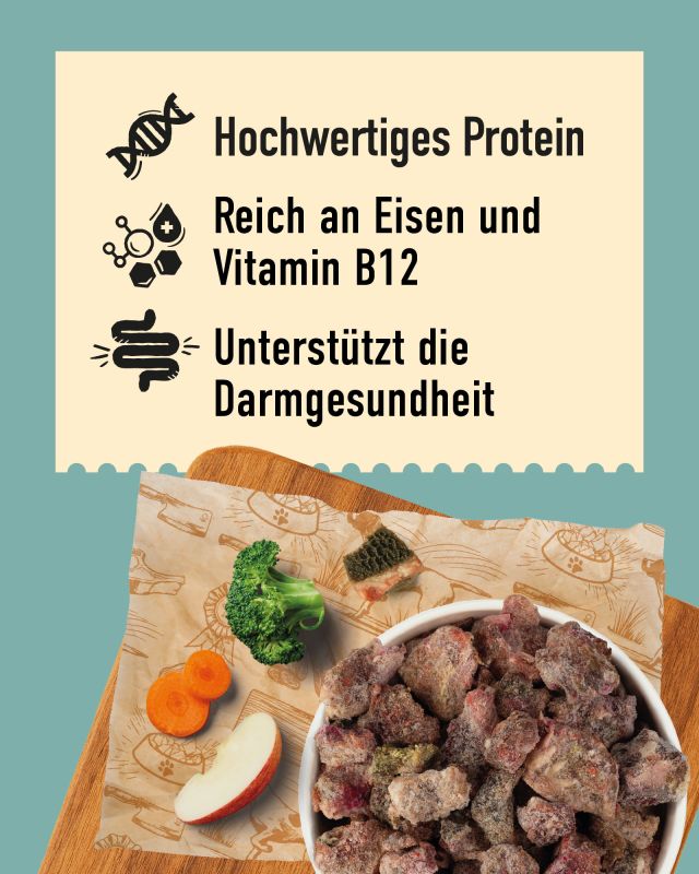 DIBO Menü-Naturgenuss - B.A.R.F.-Frostfutter für Hunde Gefrorene Fleischstücke in Schüssel mit Brokkoli, Karotten und Apfel auf Holzbrett, Text zu Protein, Eisen und Darmgesundheit