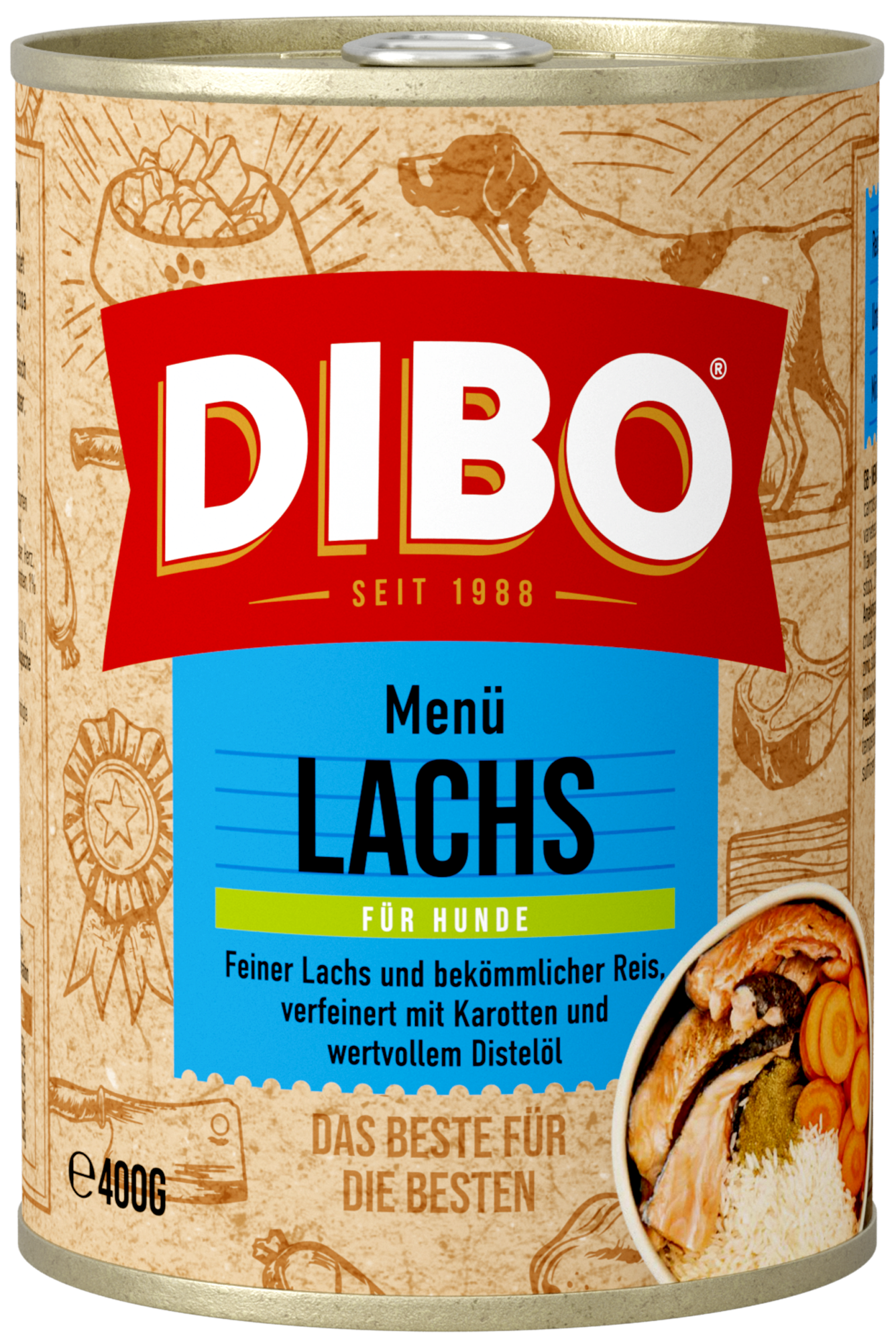 DIBO - LACHS MENÜ, 400g-Dose DIBO Hundefutter Dose 400g, Menü Lachs mit Reis, Karotten und Distelöl, seit 1988