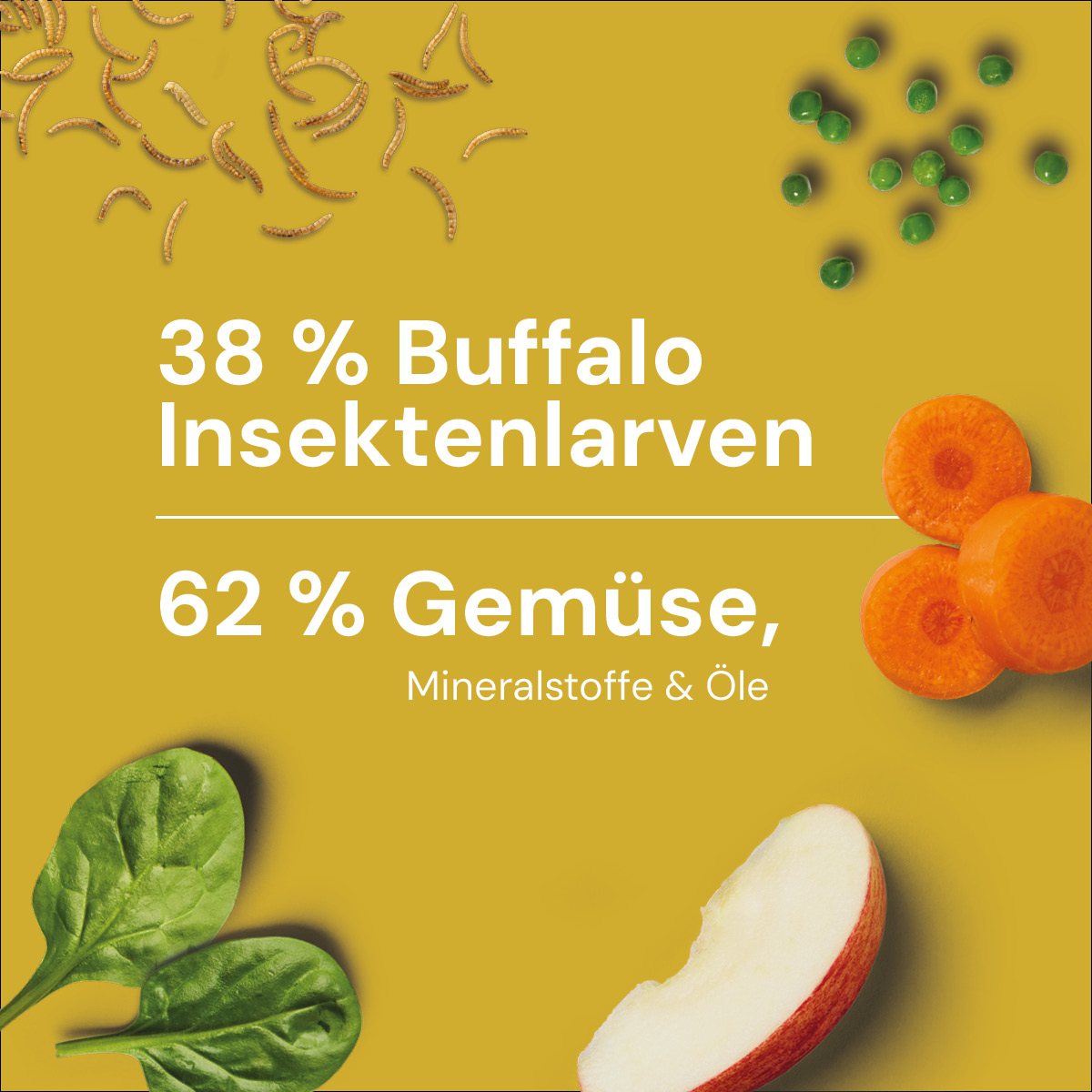 Nutriment BARF In One BUFFY Insect 38 % Buffalo Insektenlarven, 62 % Gemüse, Mineralstoffe und Öle mit Bildern von Larven, Erbsen, Karotten, Spinat und Apfel.