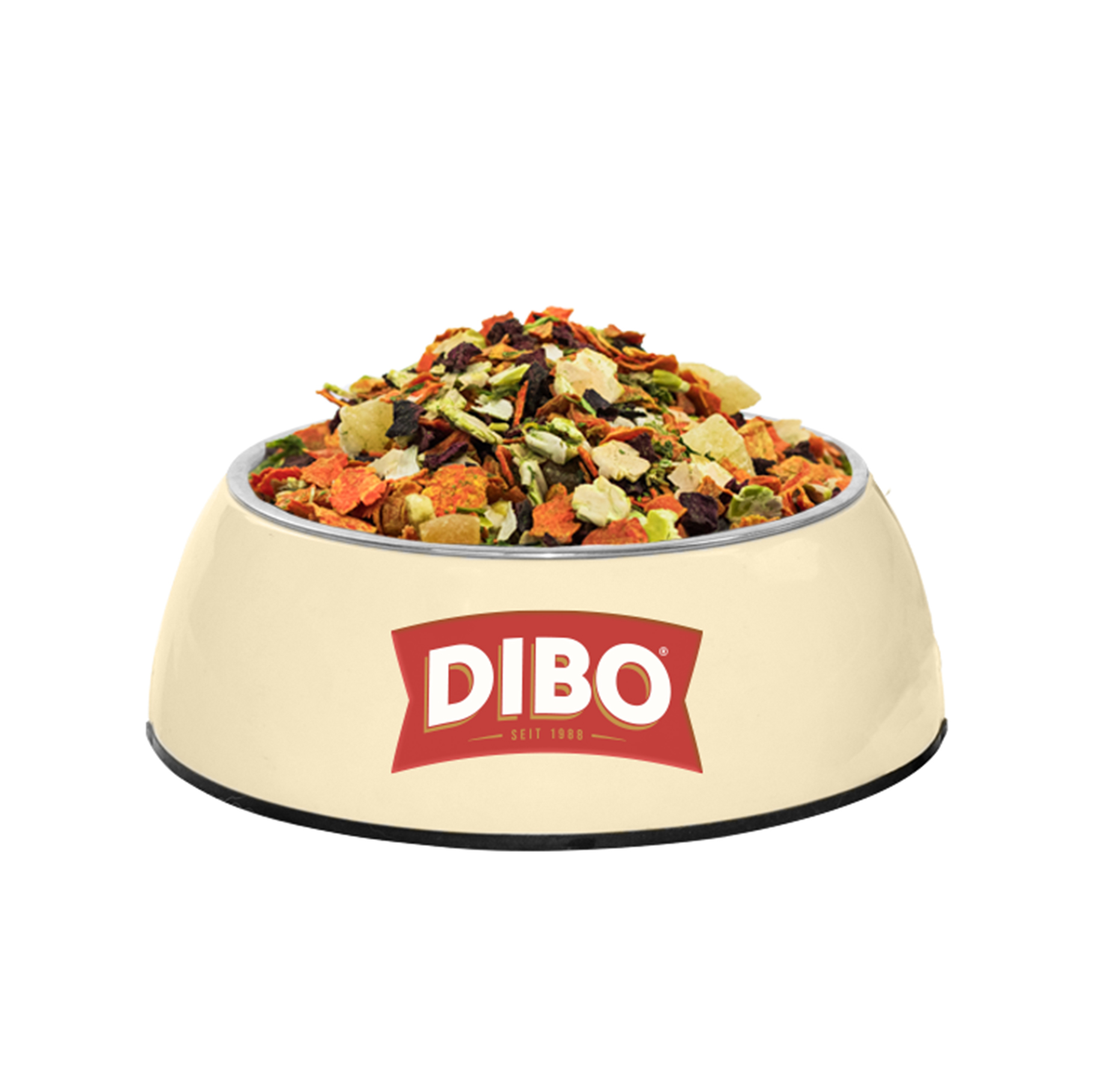 DIBO Gemüse-Frucht-Mix, 1kg-Beutel Beiger Futternapf mit DIBO-Logo, gefüllt mit buntem Gemüse- und Fruchtmix für Tiere.