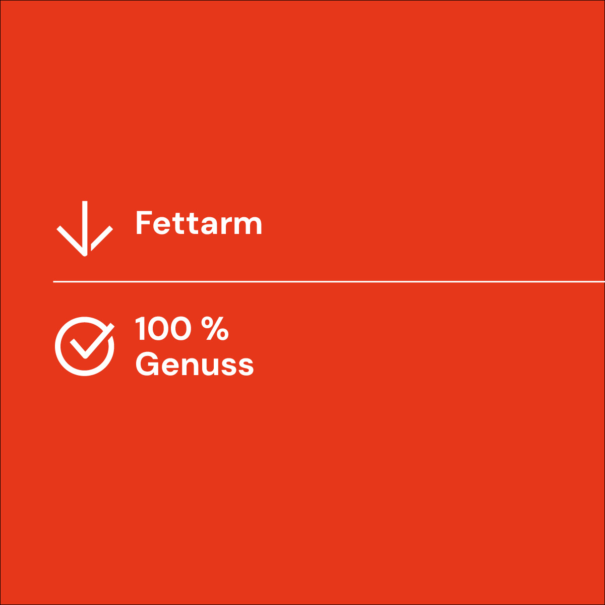 Nutriment Compact NATURPANSEN Rotes Quadrat mit weißem Text: Fettarm und 100 % Genuss mit passenden Symbolen
