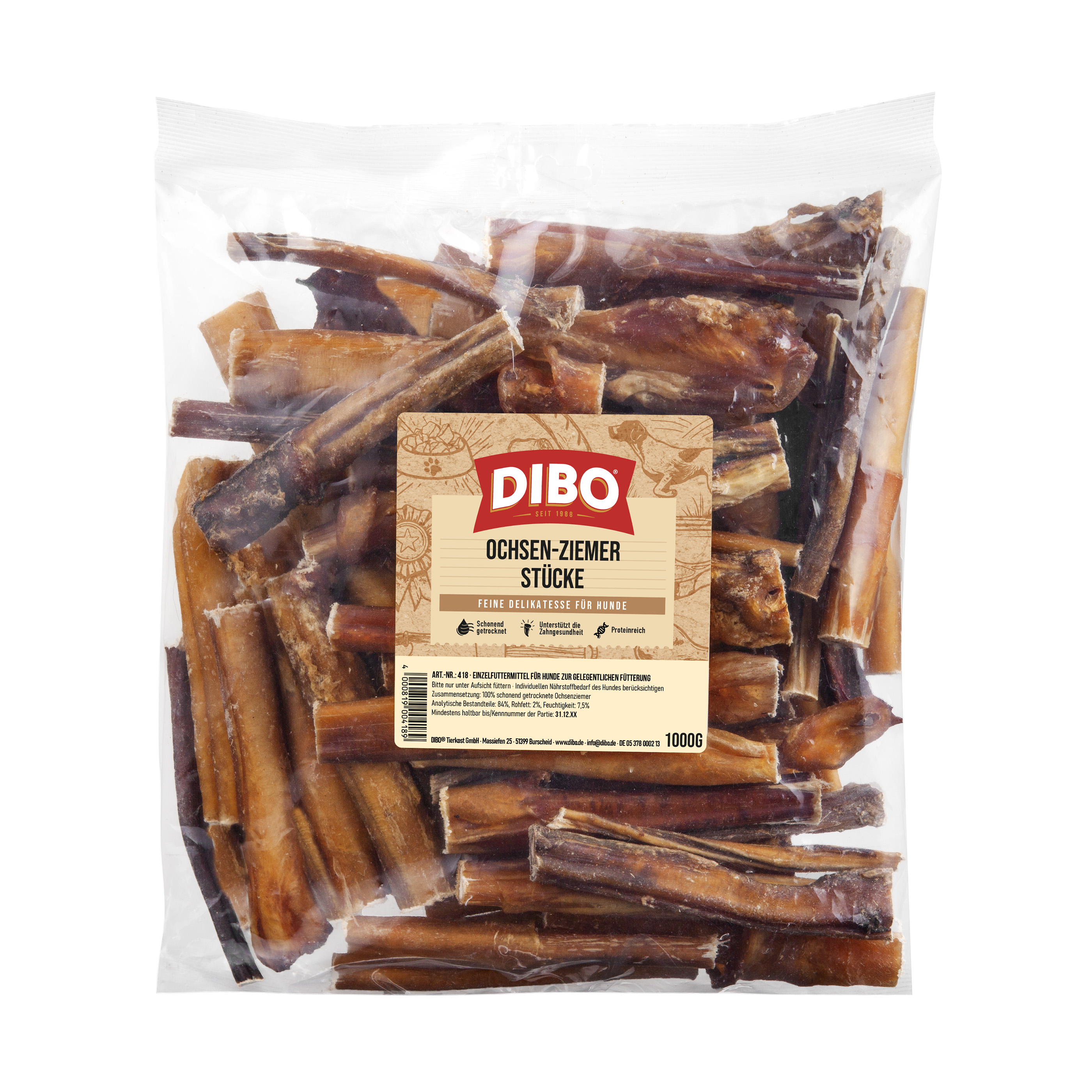 DIBO Ochsen-Ziemer, 12cm Stücke - 1000g-Beutel