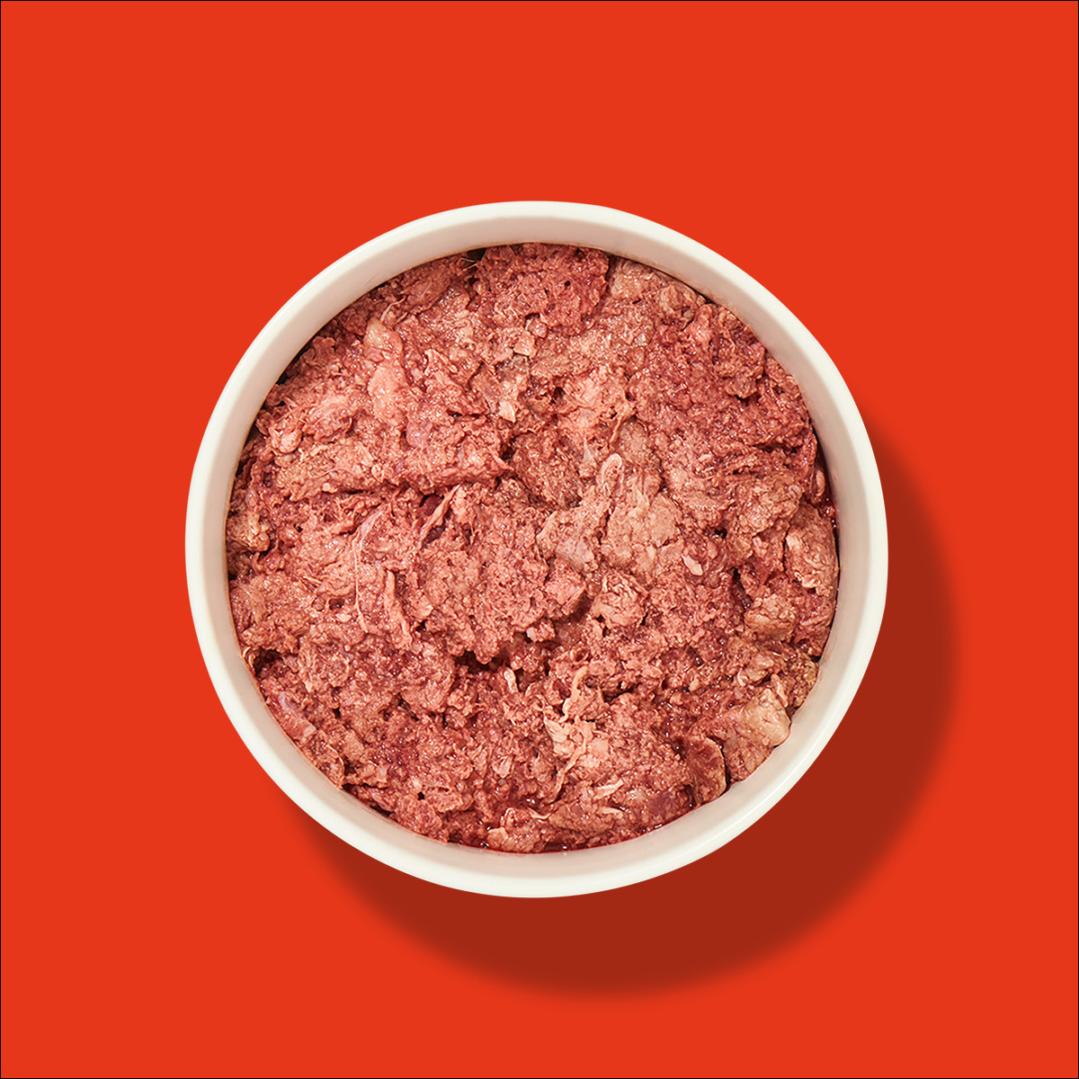 Nutriment Compact RINDFLEISCH Weiße Schüssel mit rohem, zerkleinertem Rindfleisch vor rotem Hintergrund