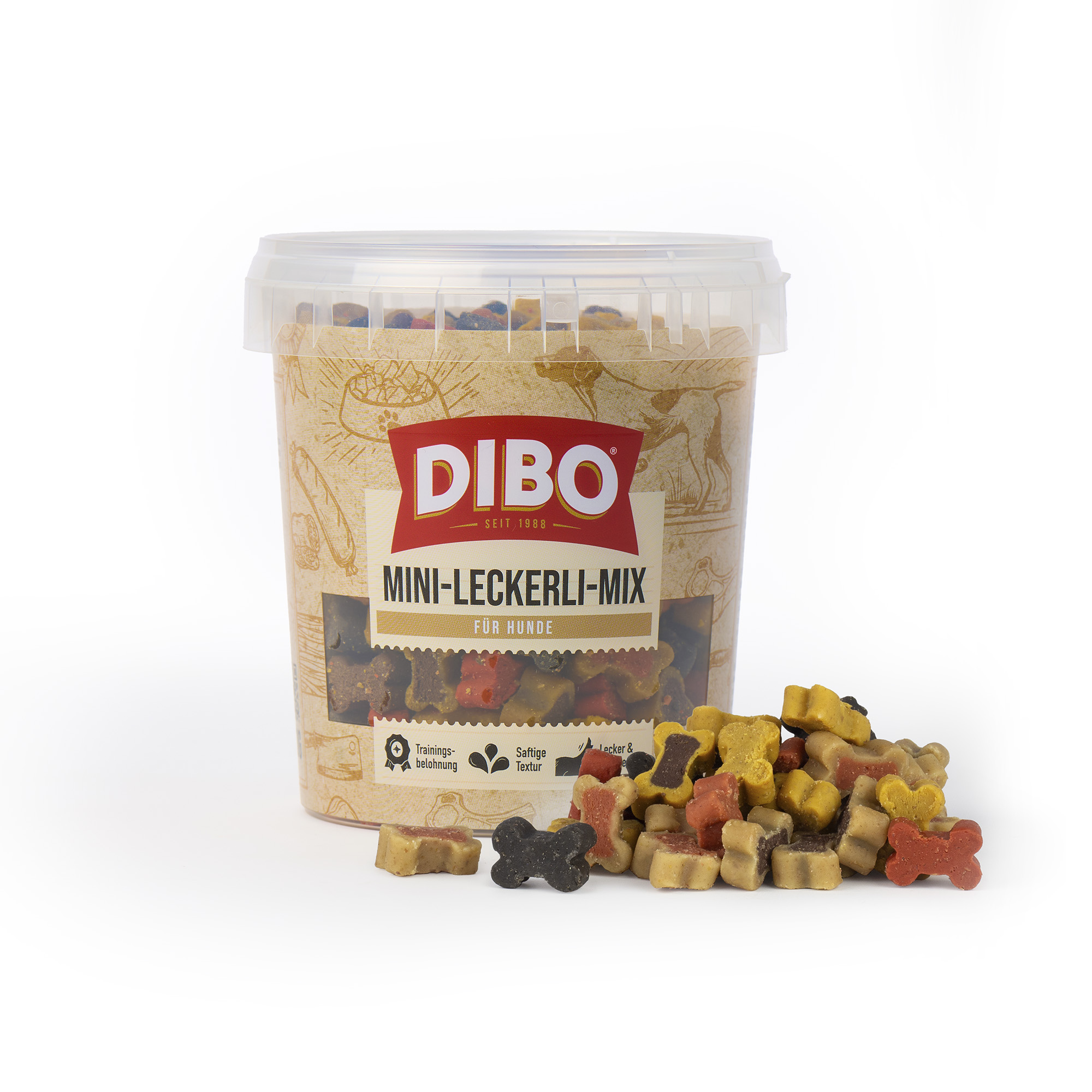 DIBO Mini-Leckerli-Mix, 500g-Eimer DIBO Mini-Leckerli-Mix Hundesnacks in einem transparenten Behälter mit verstreuten bunten Knochen-Leckerlis davor