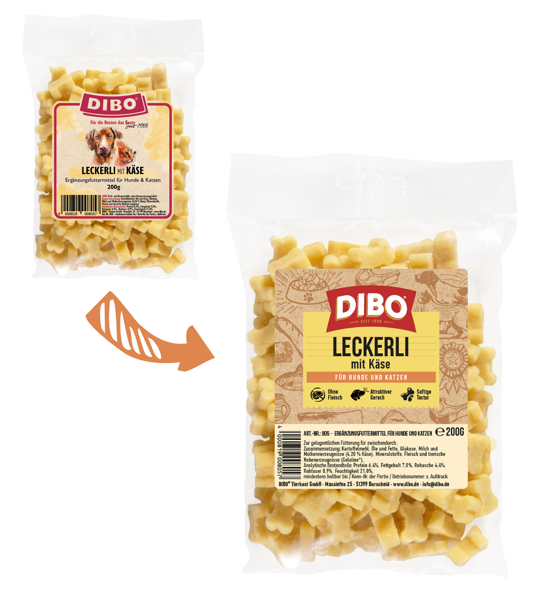 DIBO Leckerli mit Käse 200g Beutel DIBO Leckerli mit Käse 200g Ergänzungsfuttermittel für Hunde und Katzen in transparenter Verpackung
