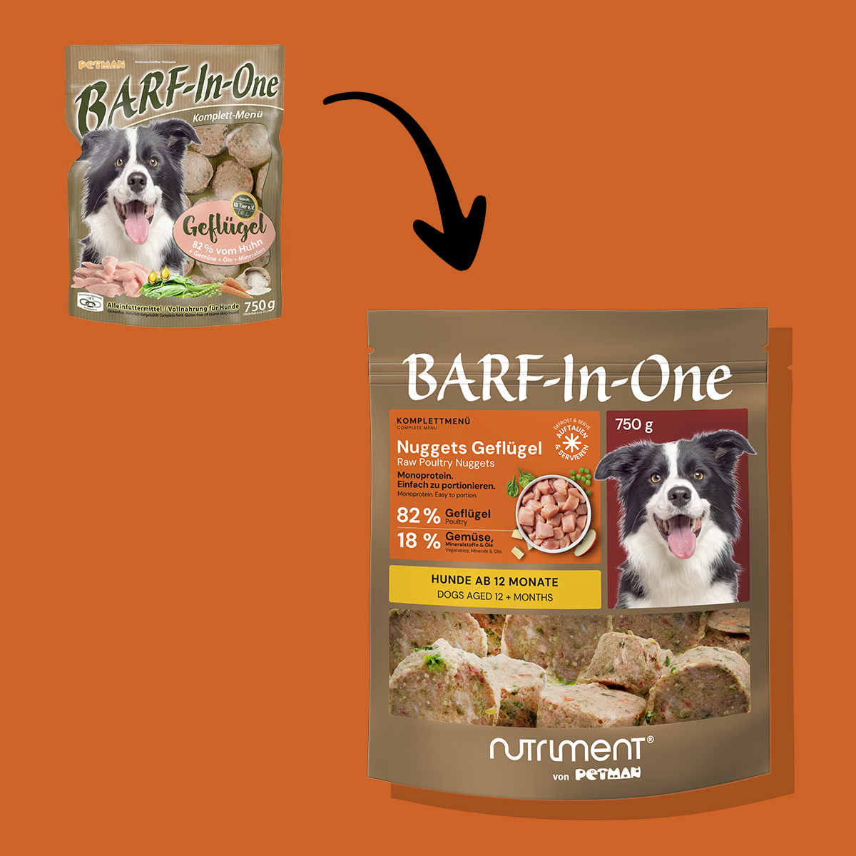 Nutriment BARF In One GEFLÜGEL Vergleich der Verpackungen von BARF-In-One Geflügel Hundefutter, vorher und nachher, mit Hundebild und Produktdetails