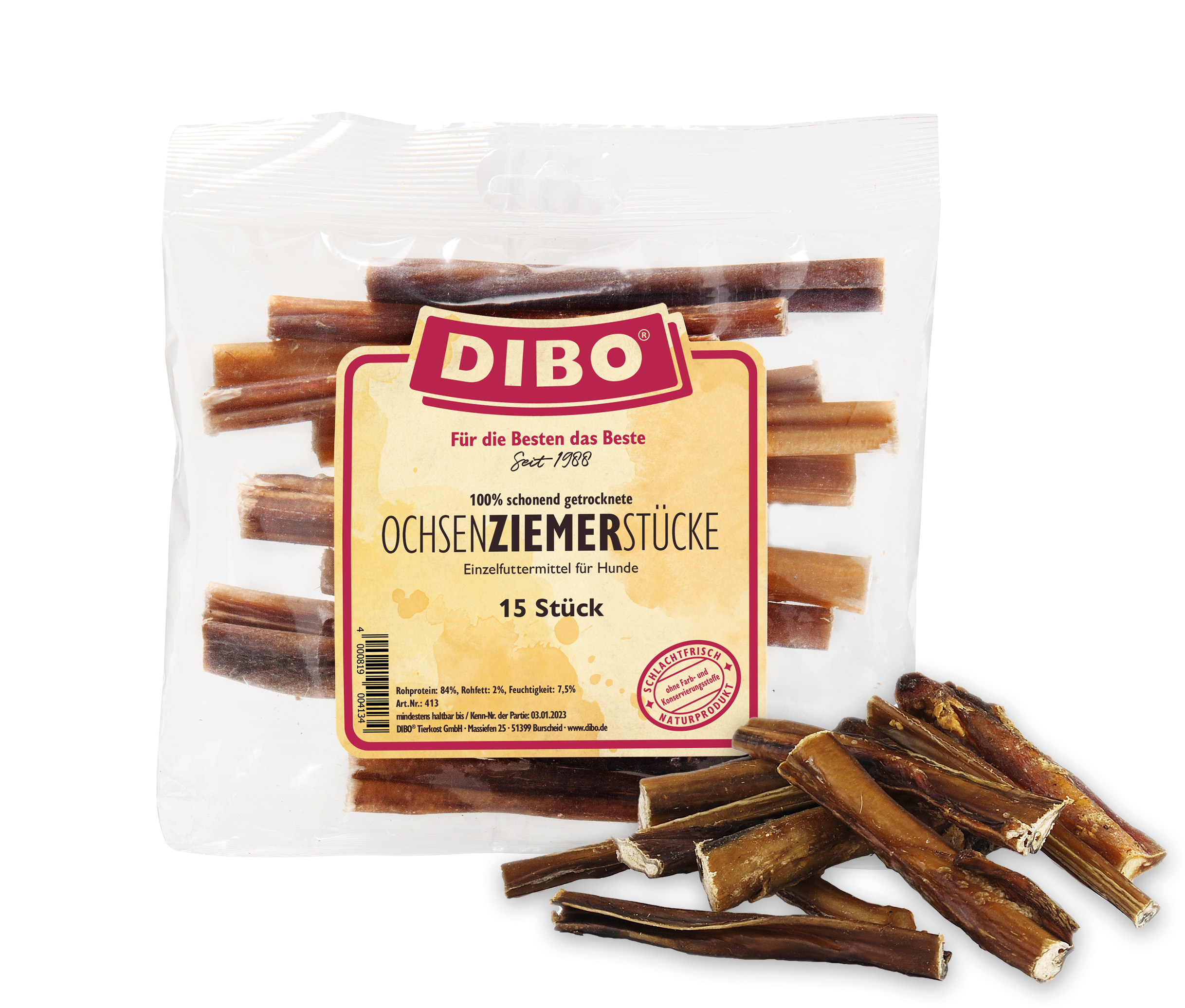 Dibo Ochsenziemer 12cm Stücke - 15 Stück-Beutel