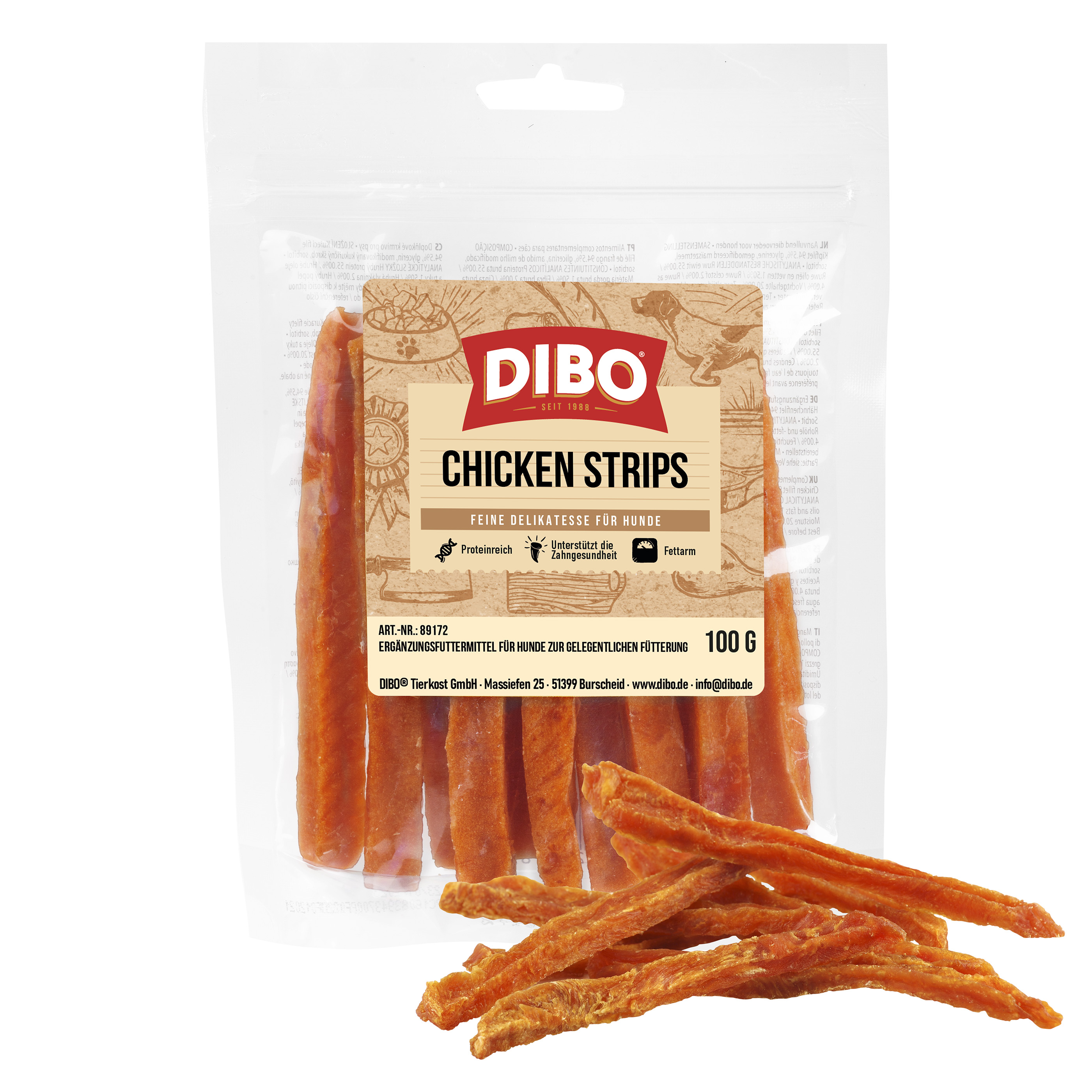 DIBO Chicken Strips, 100g-Beutel DIBO Chicken Strips Hundesnack in transparenter Verpackung mit einzelnen Streifen davor
