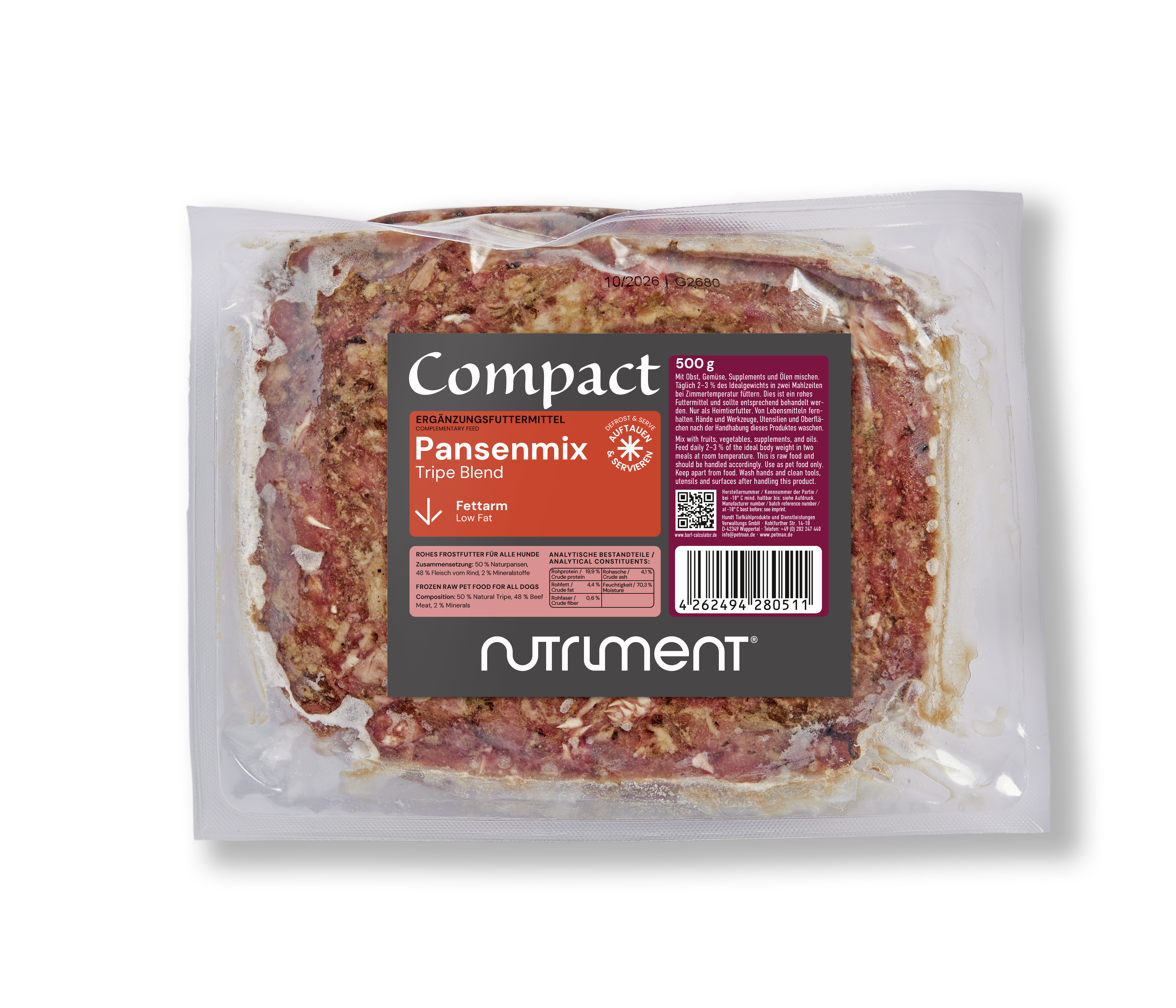 Nutriment Compact PANSENMIX Verpackung von PETMAN Compact Pansenmix, fettarmes Ergänzungsfuttermittel für Hunde, 500 g
