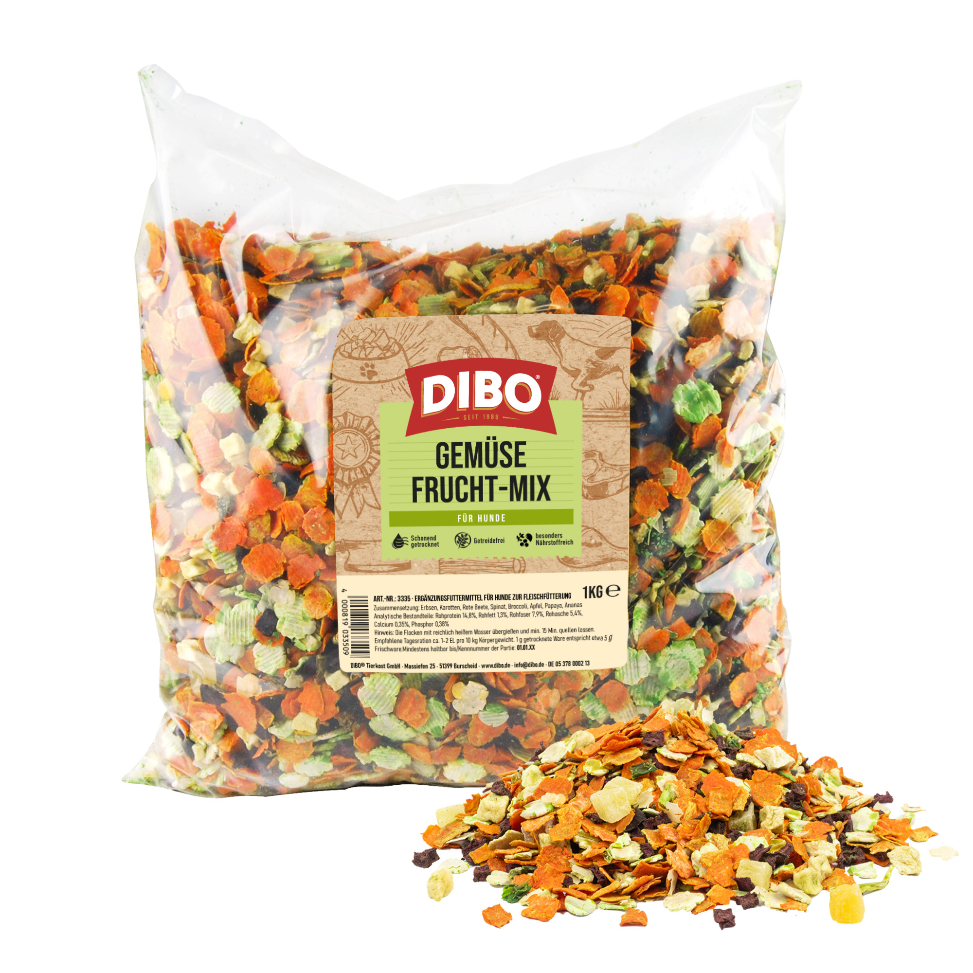 DIBO Gemüse-Frucht-Mix, 1kg-Beutel 1-kg-Packung DIBO Gemüse Frucht-Mix für Hunde, getrocknete bunte Gemüse- und Fruchtstücke in transparenter Verpackung