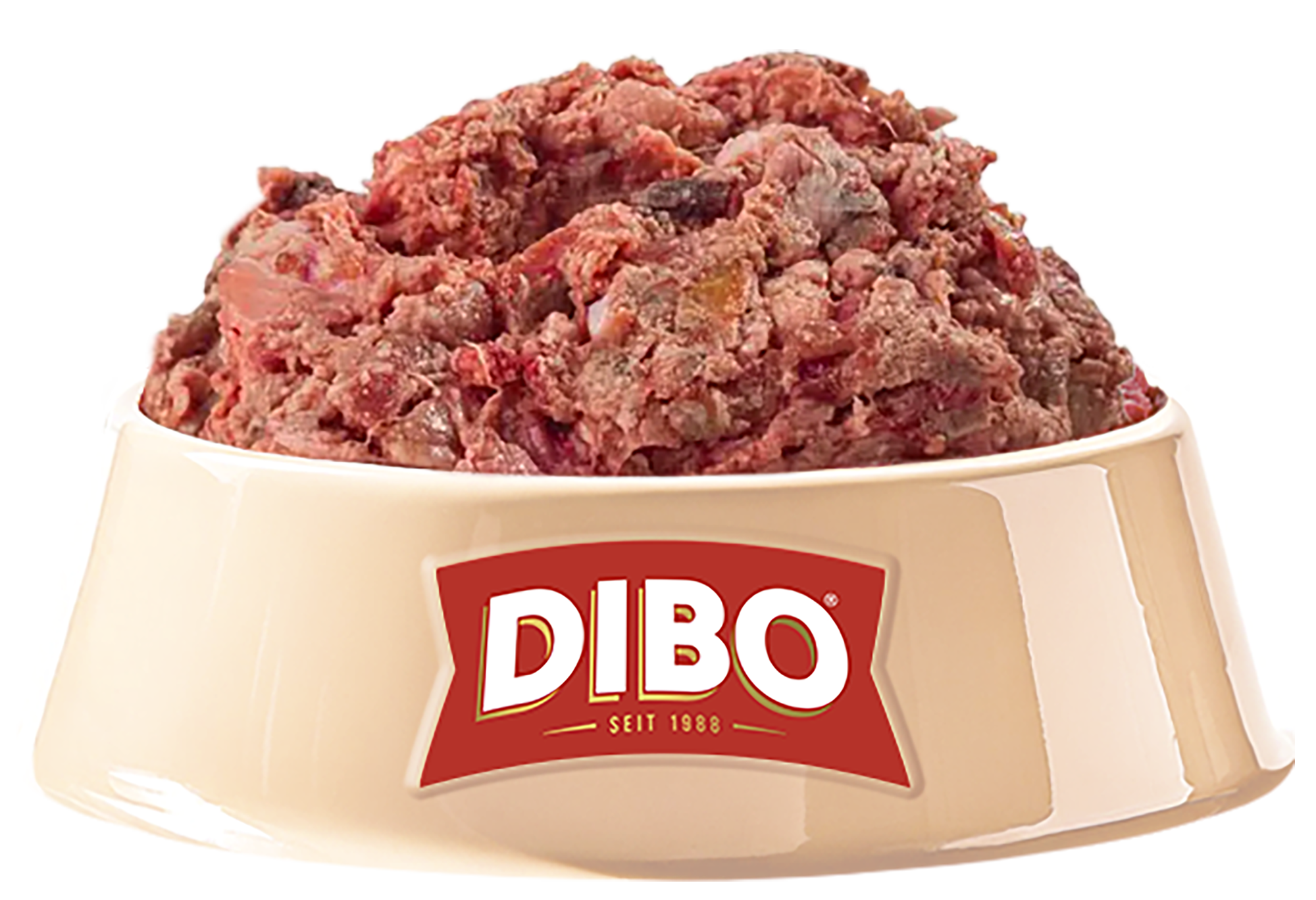 DIBO Spezial - B.A.R.F.-Tiefkühlwurst Beige Futternapf mit rotem DIBO-Logo gefüllt mit rohem Spezial-Mix-Wurstfutter
