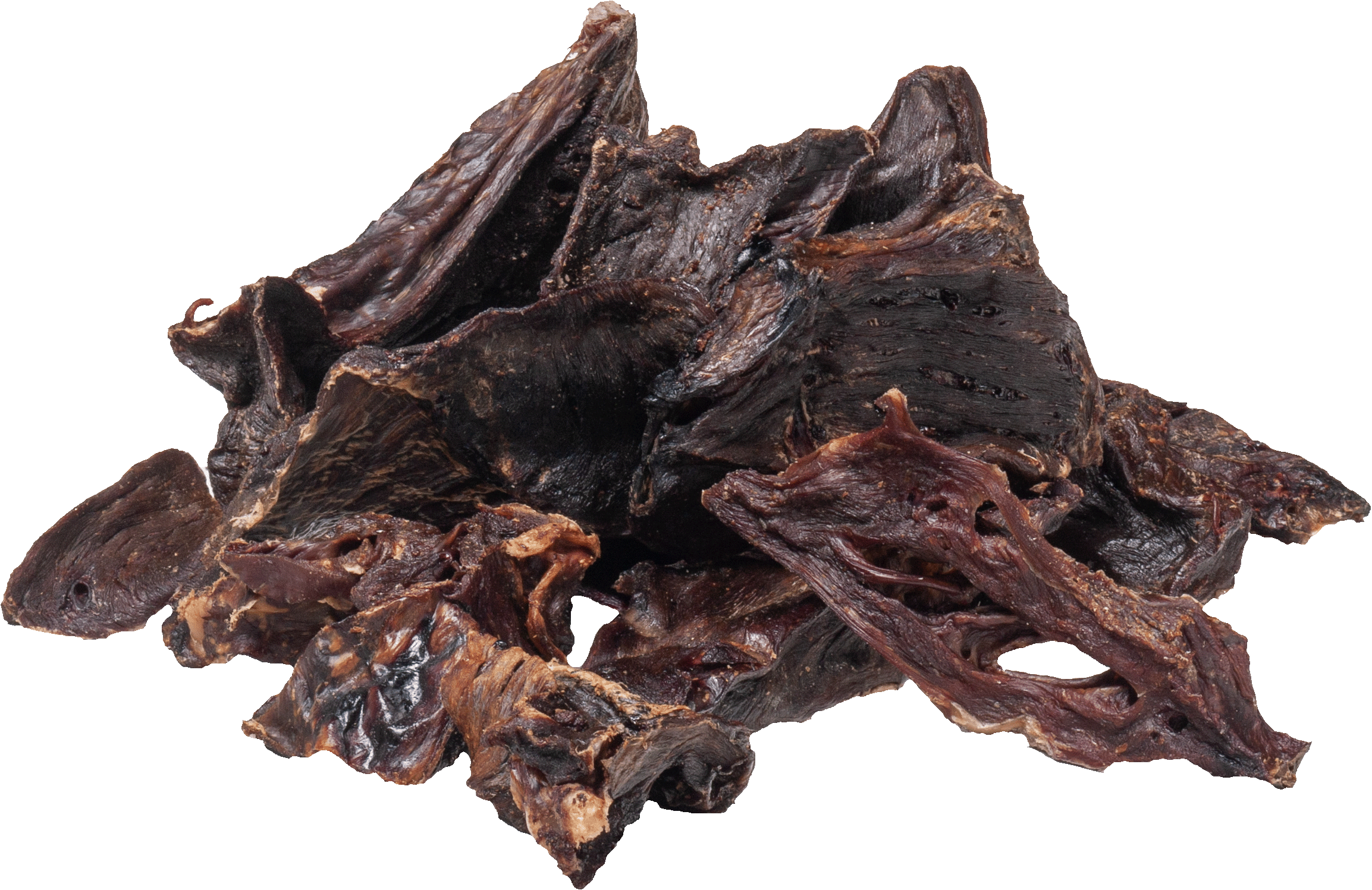 DIBO Rinder-Herz, entfettet, 100g-Beutel Getrocknete Stücke von Rinderherz, dunkelbraun und unregelmäßig geformt, auf schwarzem Hintergrund