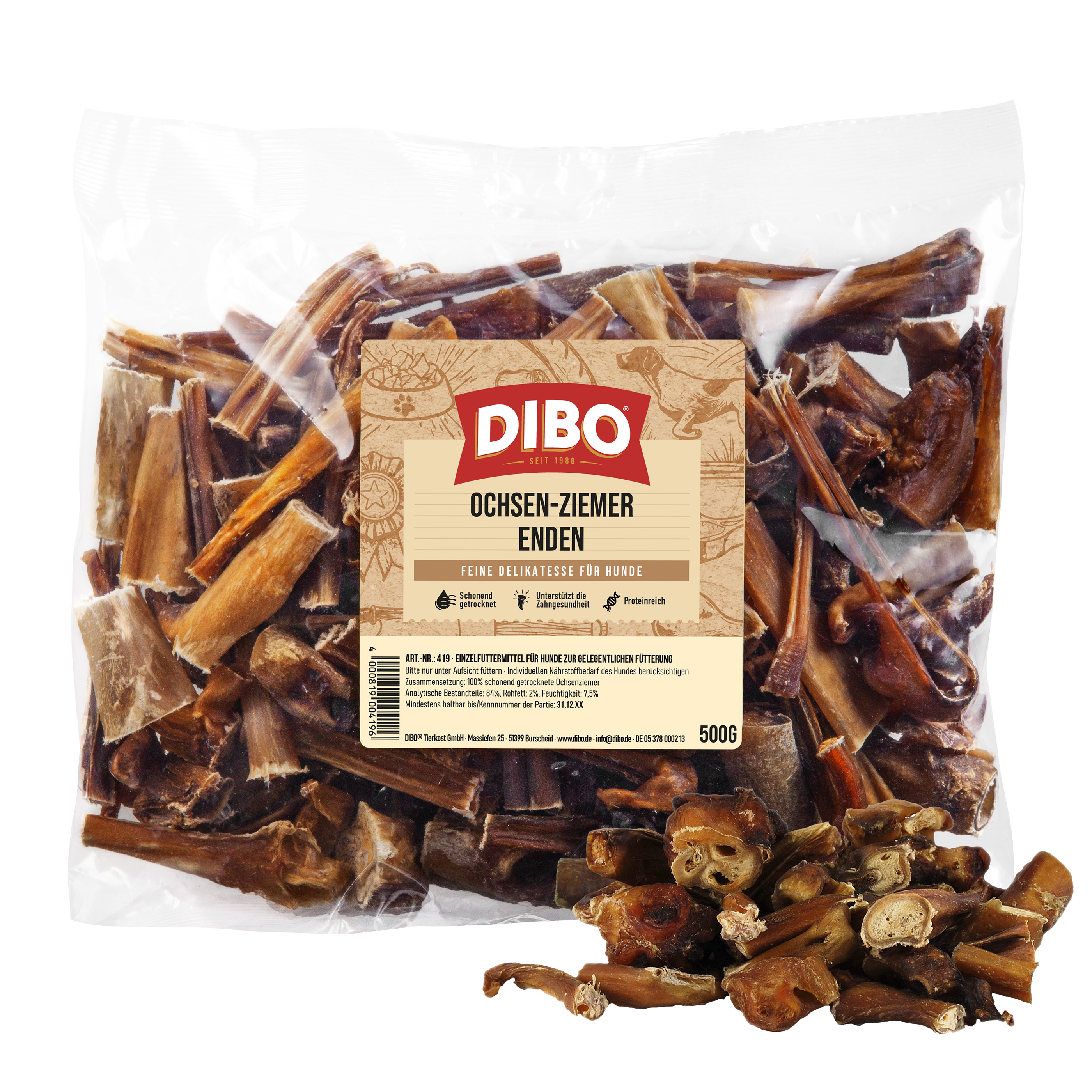 DIBO Ochsen-Ziemer-Enden, 500g-Beutel Verpackung mit DIBO Ochsen-Ziemer Enden, getrocknete Hundesnacks, 500g, teilweise herausgeschüttet