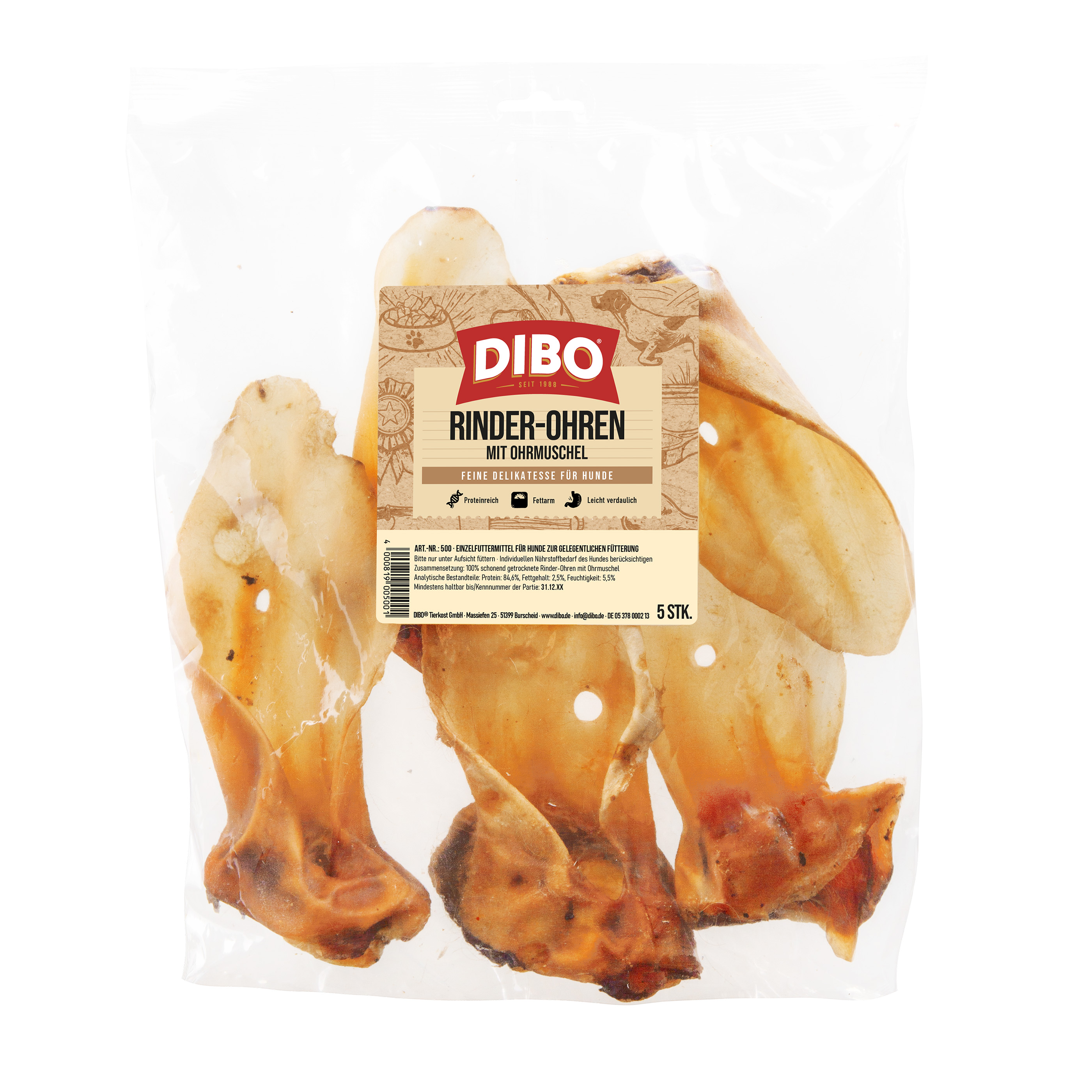 DIBO Rinder-Ohren mit Muschel, 5er-Beutel