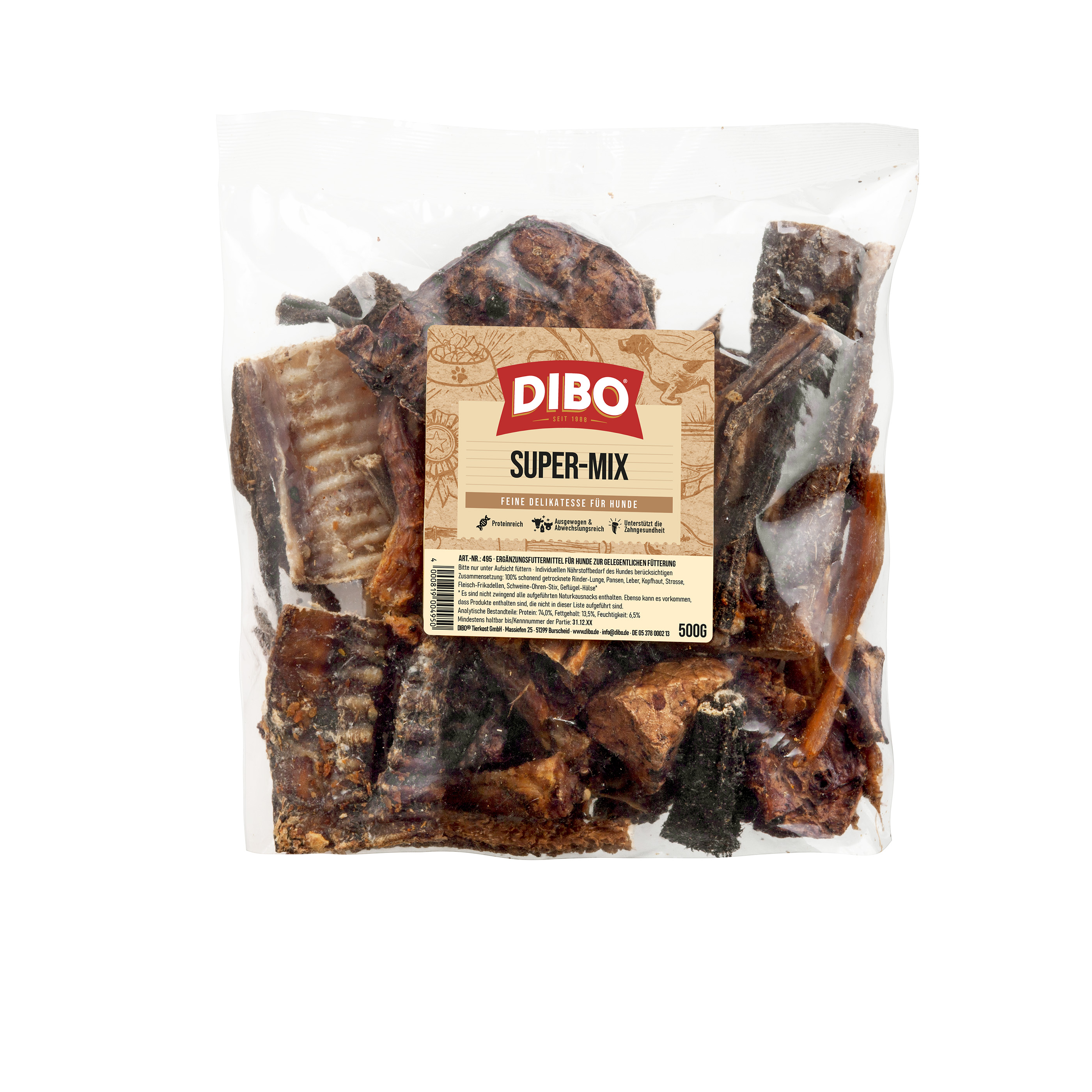 DIBO Super-Mix, 500g-Beutel DIBO Super-Mix 500g, feine Delikatesse für Hunde, getrocknete Fleischstücke in transparenter Verpackung