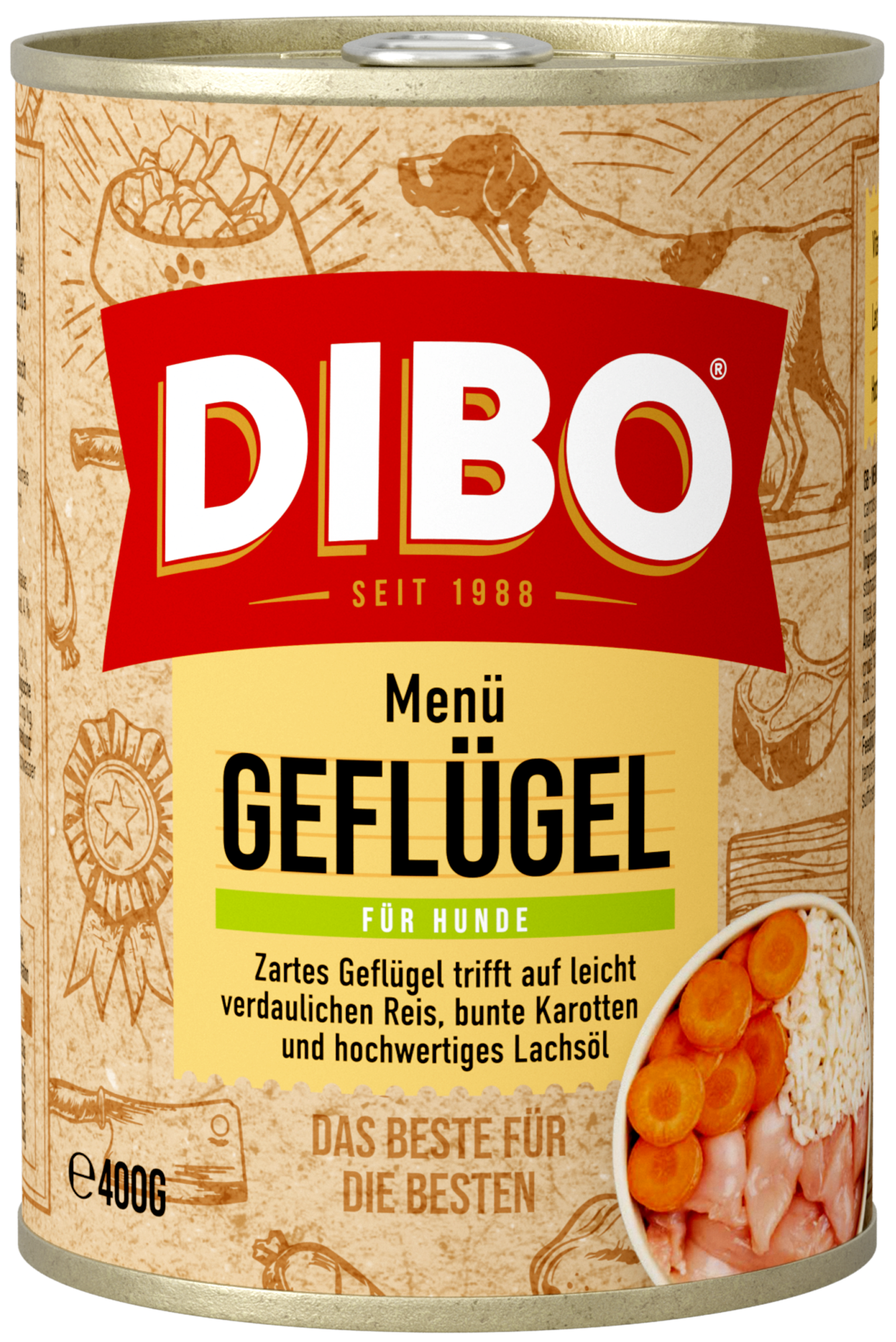 DIBO - GEFLÜGEL MENÜ, 400g-Dose DIBO Geflügel Menü Hundefutter Dose 400g mit Reis, Karotten und Lachsöl, seit 1988
