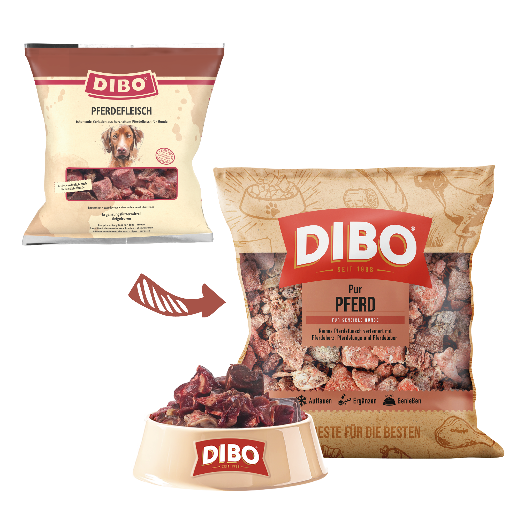 DIBO Pferdefleisch - B.A.R.F.-Frostfutter für Hunde Dibo Pferdefleisch Hunde-Nassfutter Verpackungen und gefrorenes Pferdefleisch in einem Napf