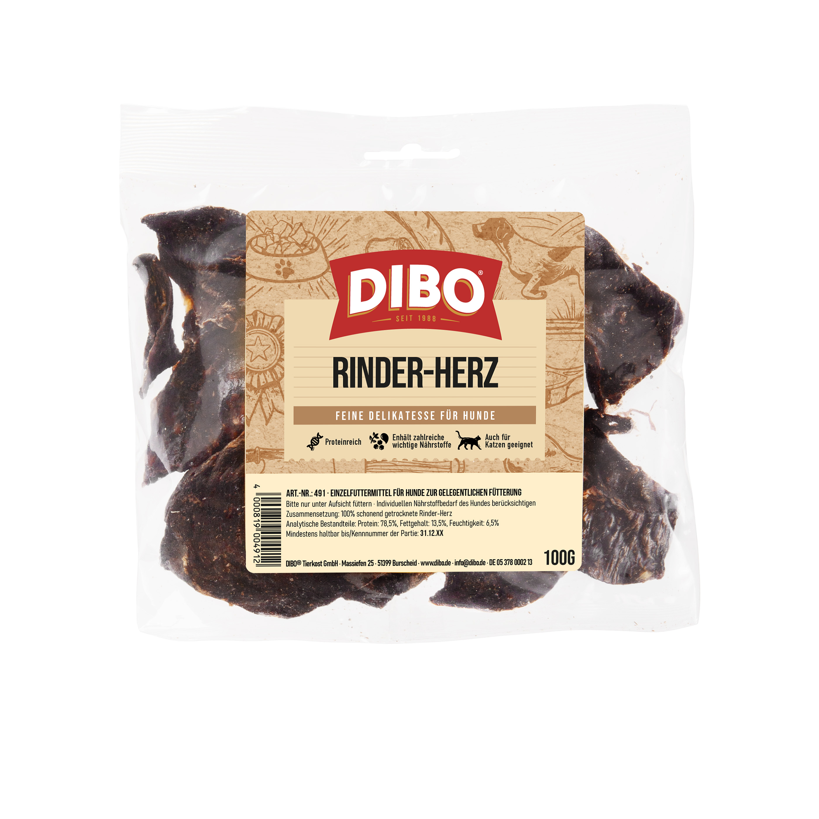 DIBO Rinder-Herz, entfettet, 100g-Beutel DIBO Rinder-Herz getrocknete Hundesnacks in transparenter Verpackung mit braunem Etikett