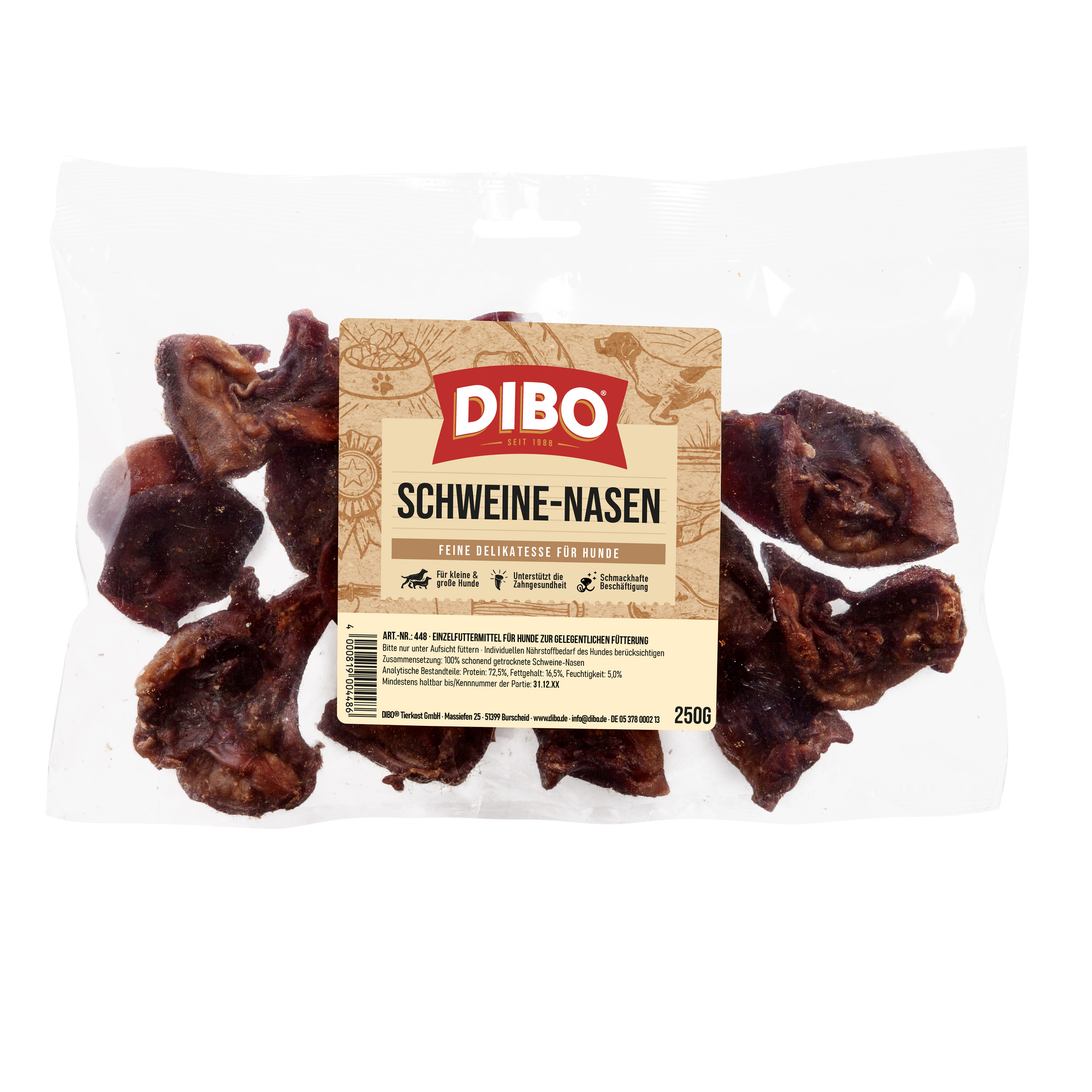 DIBO Schweine-Nasen, 250g-Beutel Verpackung von Dibo Schweine-Nasen, getrocknete Schweinenasen als Hundesnack, 250g